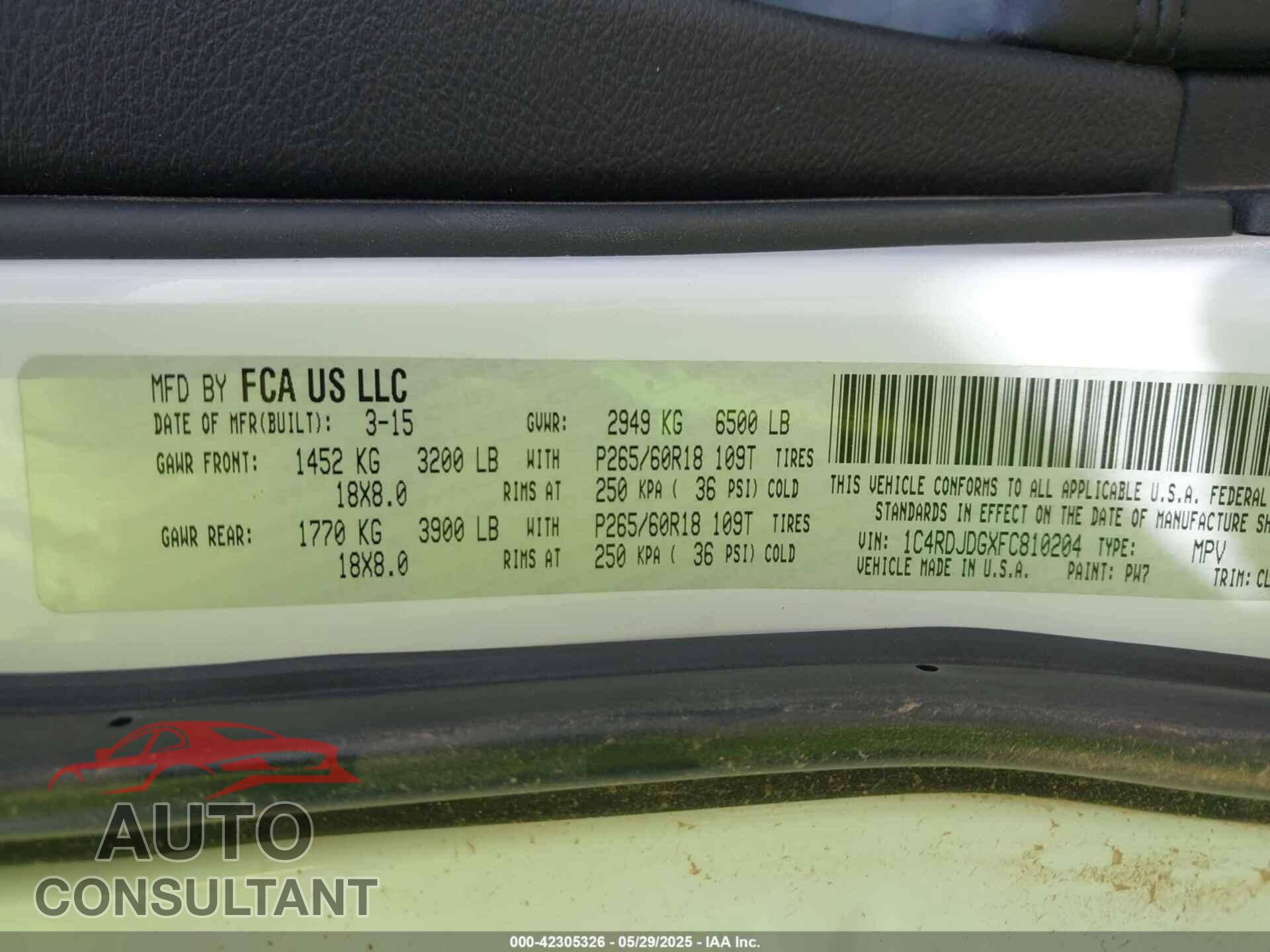 DODGE DURANGO 2015 - 1C4RDJDGXFC810204