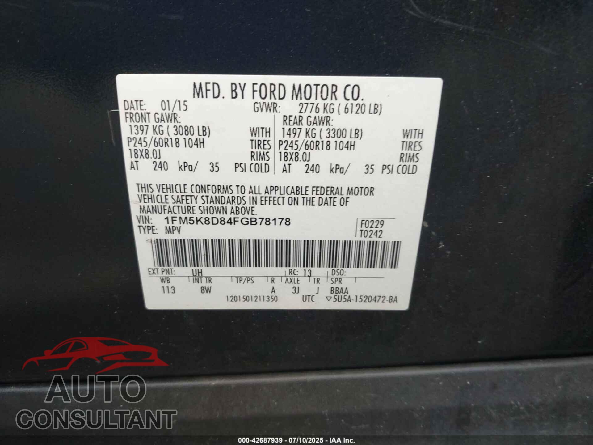 FORD EXPLORER 2015 - 1FM5K8D84FGB78178