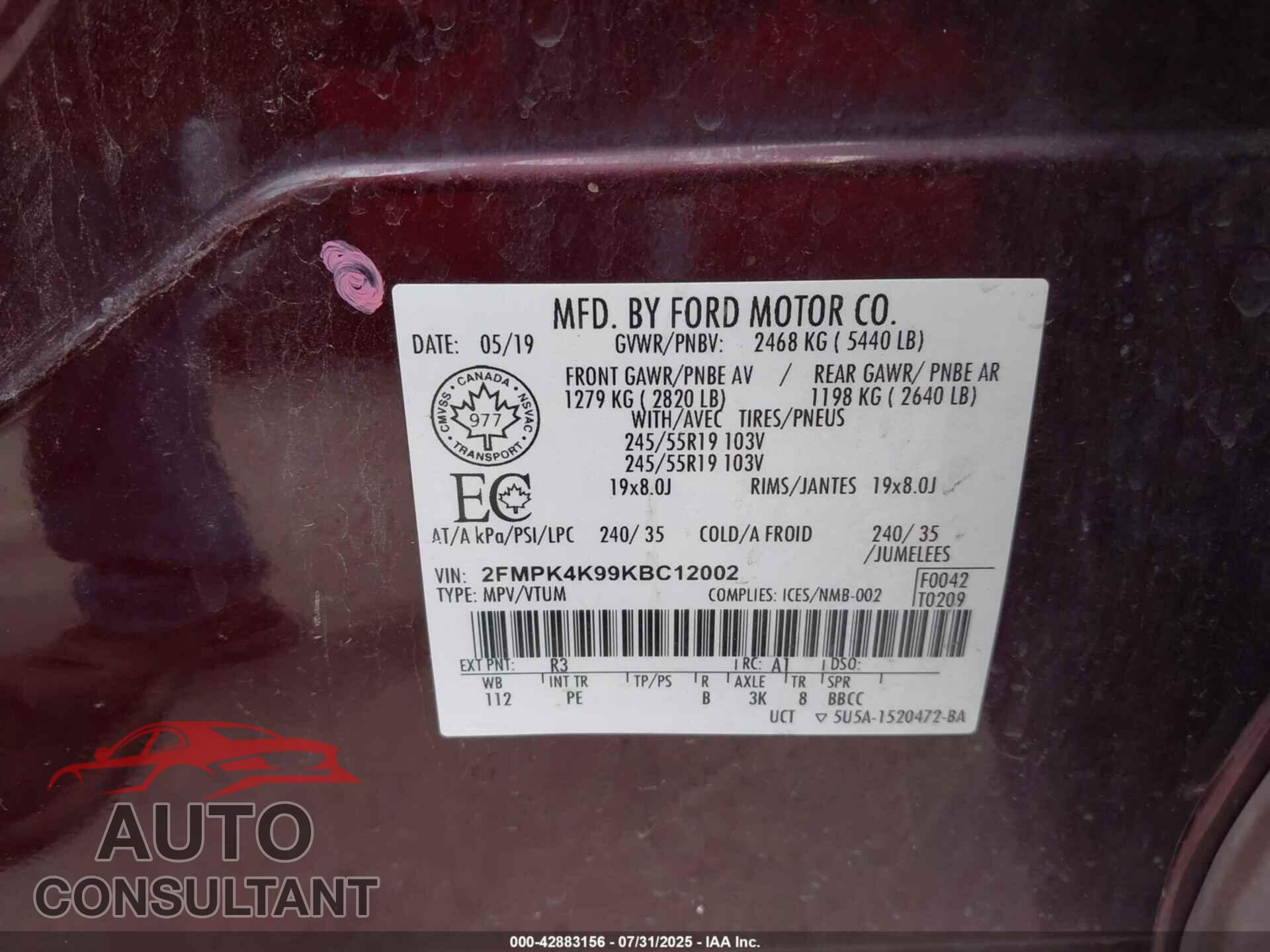 FORD EDGE 2019 - 2FMPK4K99KBC12002