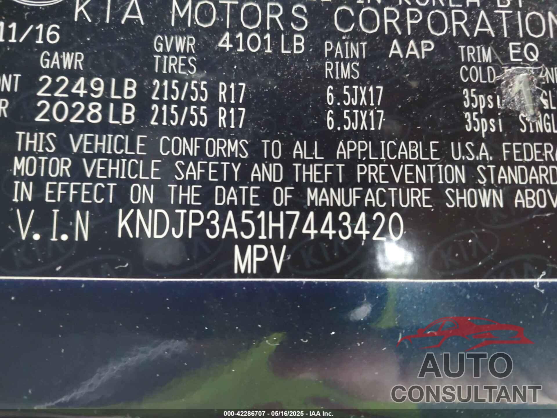 KIA SOUL 2017 - KNDJP3A51H7443420