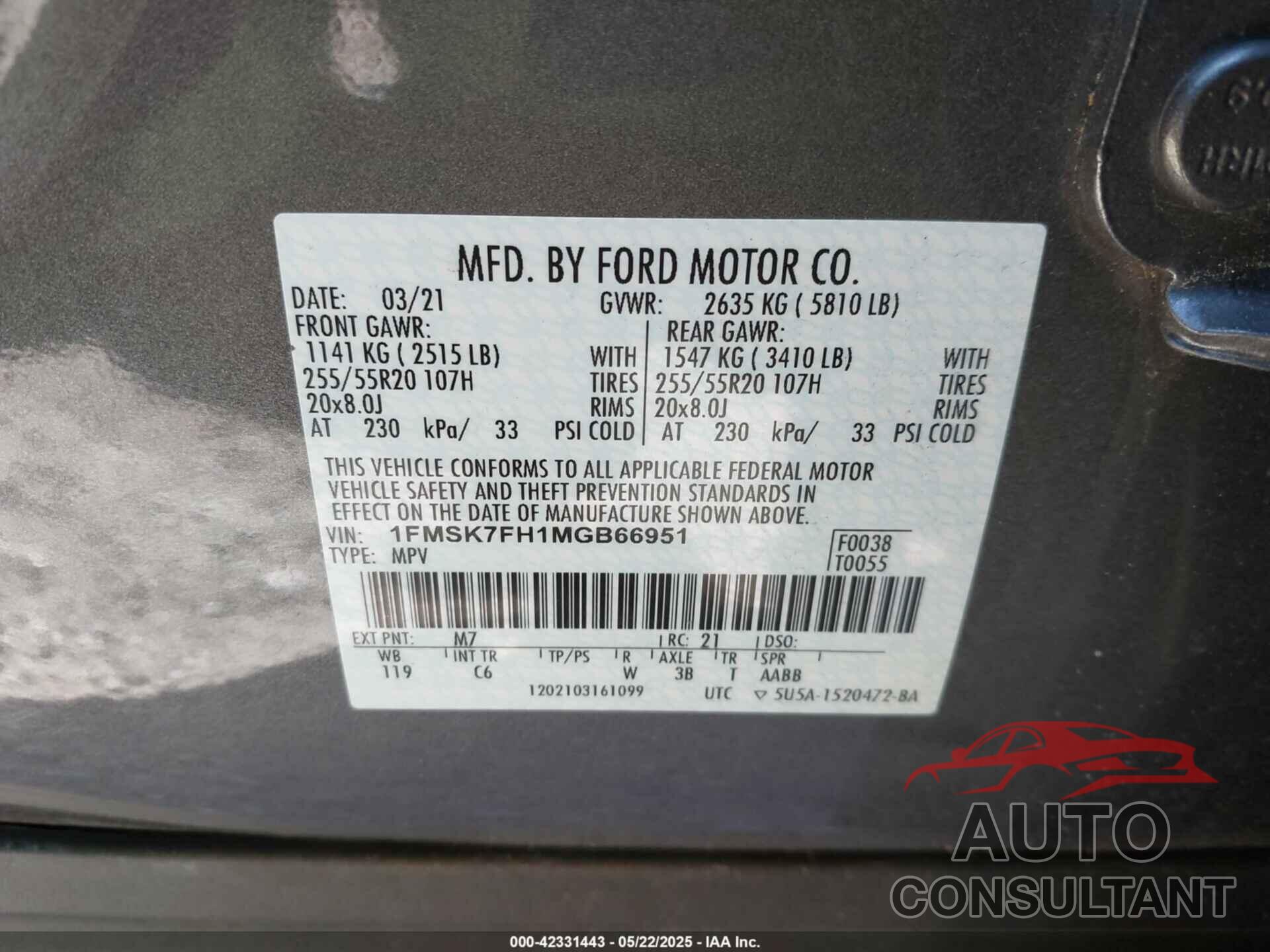 FORD EXPLORER 2021 - 1FMSK7FH1MGB66951