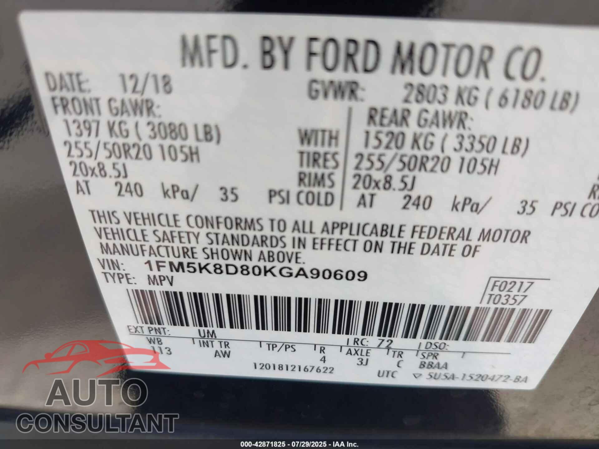 FORD EXPLORER 2019 - 1FM5K8D80KGA90609