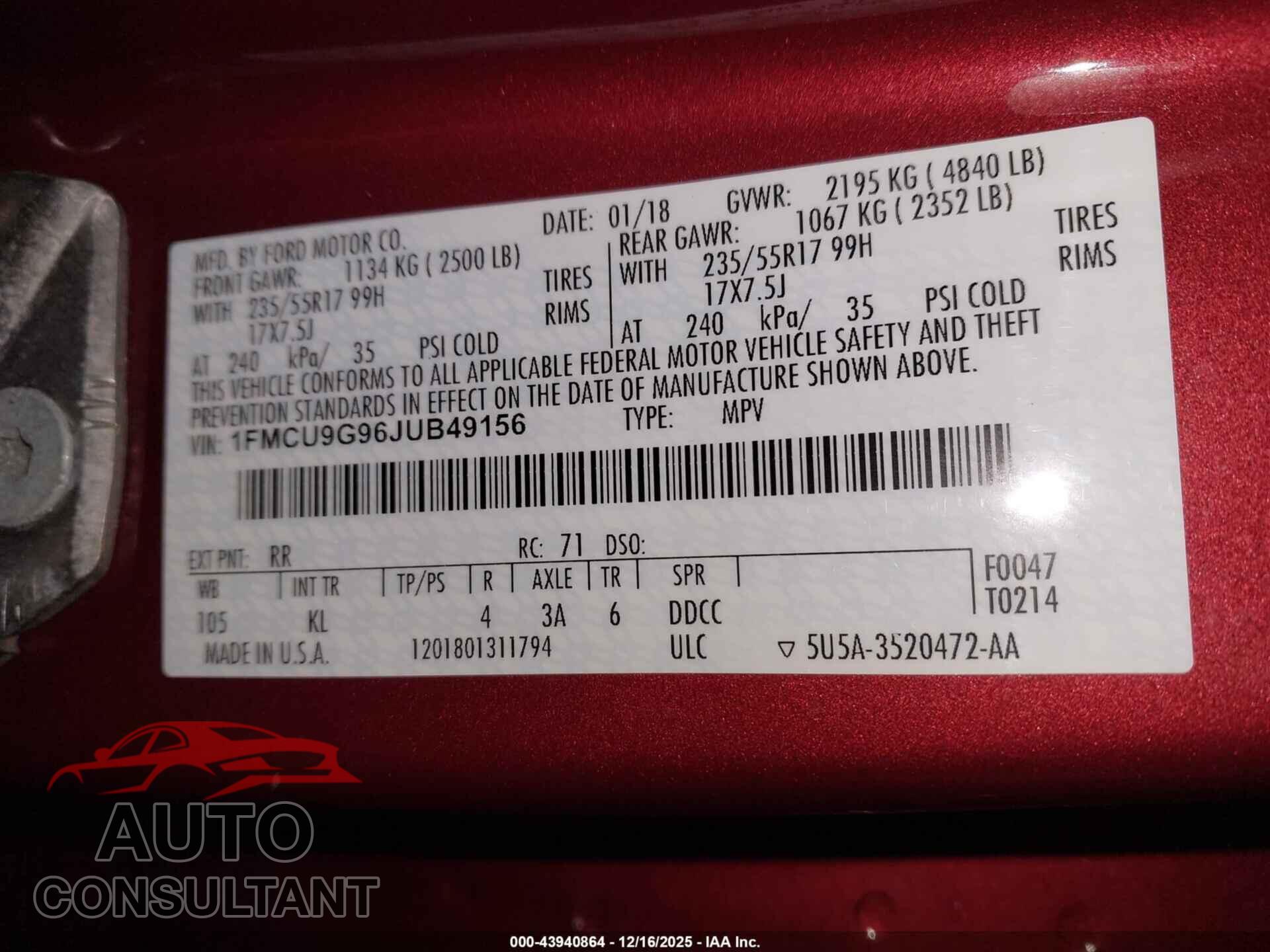 FORD ESCAPE 2018 - 1FMCU9G96JUB49156