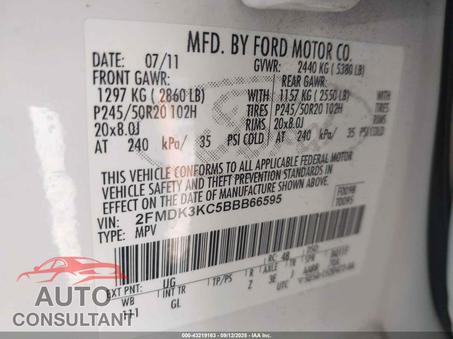 FORD EDGE 2011 - 2FMDK3KC5BBB66595