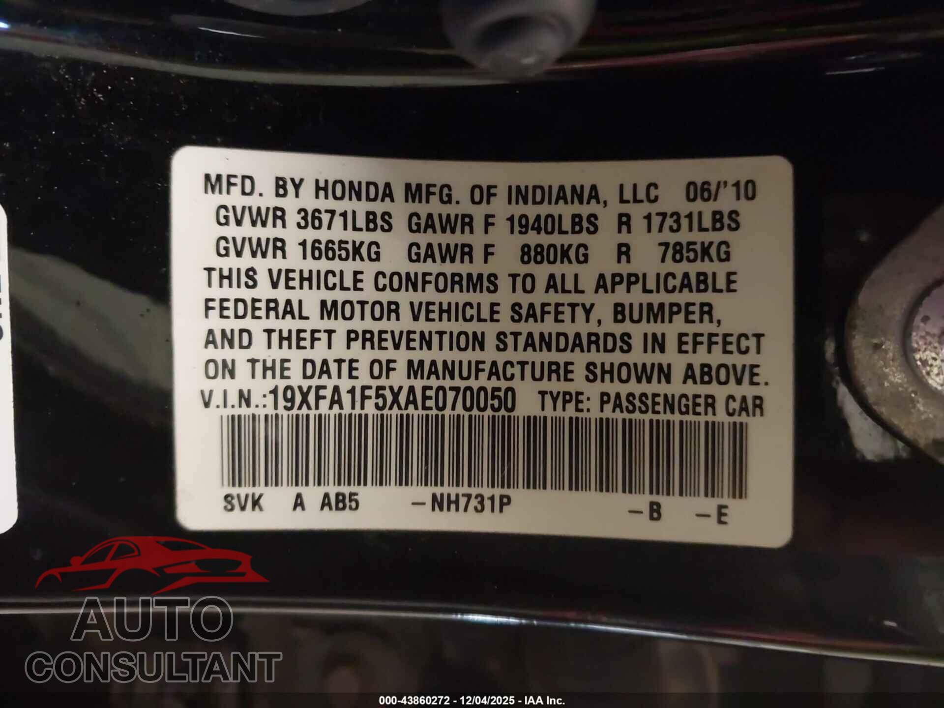 HONDA CIVIC 2010 - 19XFA1F5XAE070050