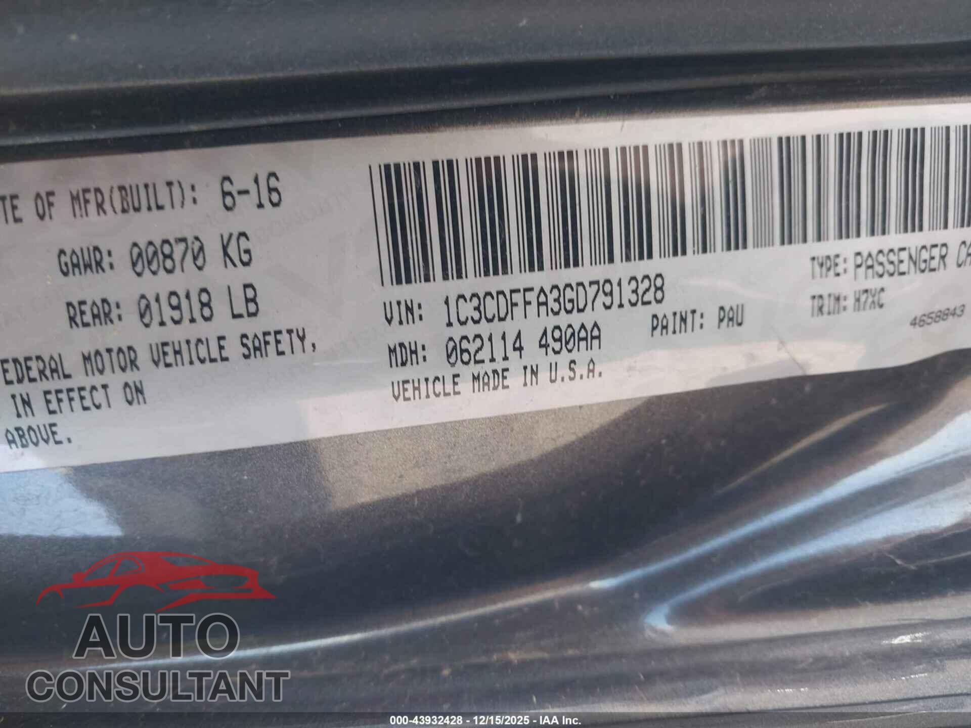 DODGE DART 2016 - 1C3CDFFA3GD791328