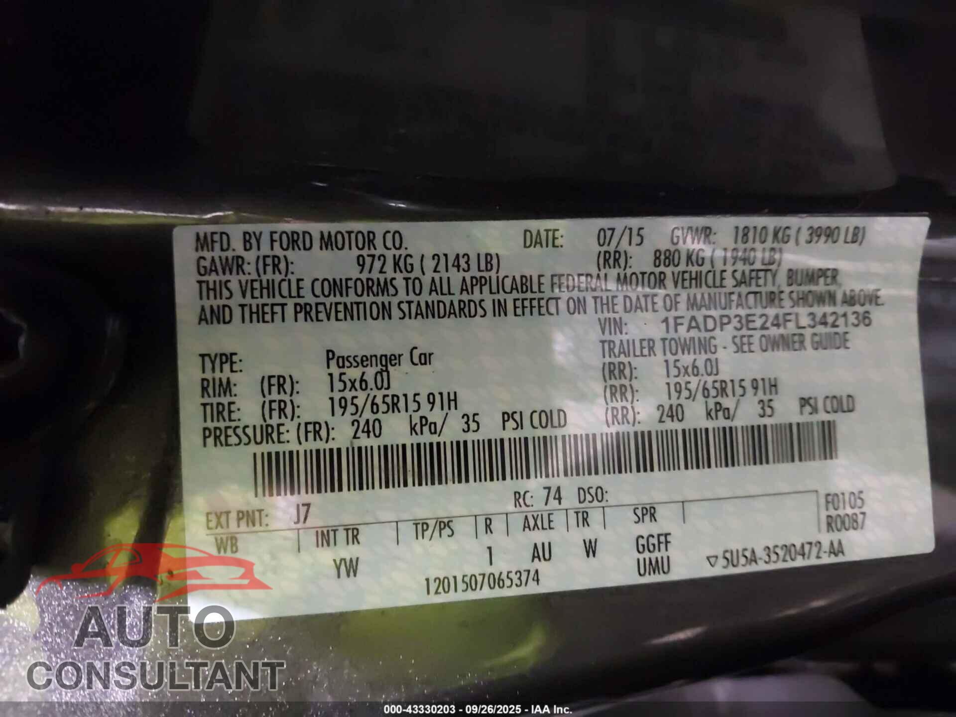 FORD FOCUS 2015 - 1FADP3E24FL342136