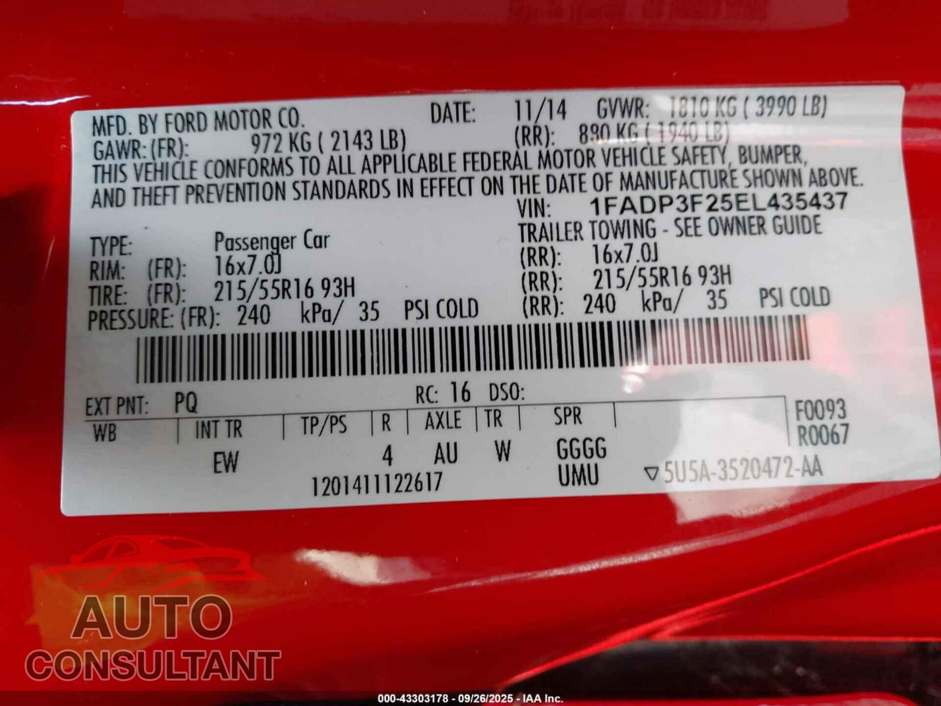 FORD FOCUS 2014 - 1FADP3F25EL435437