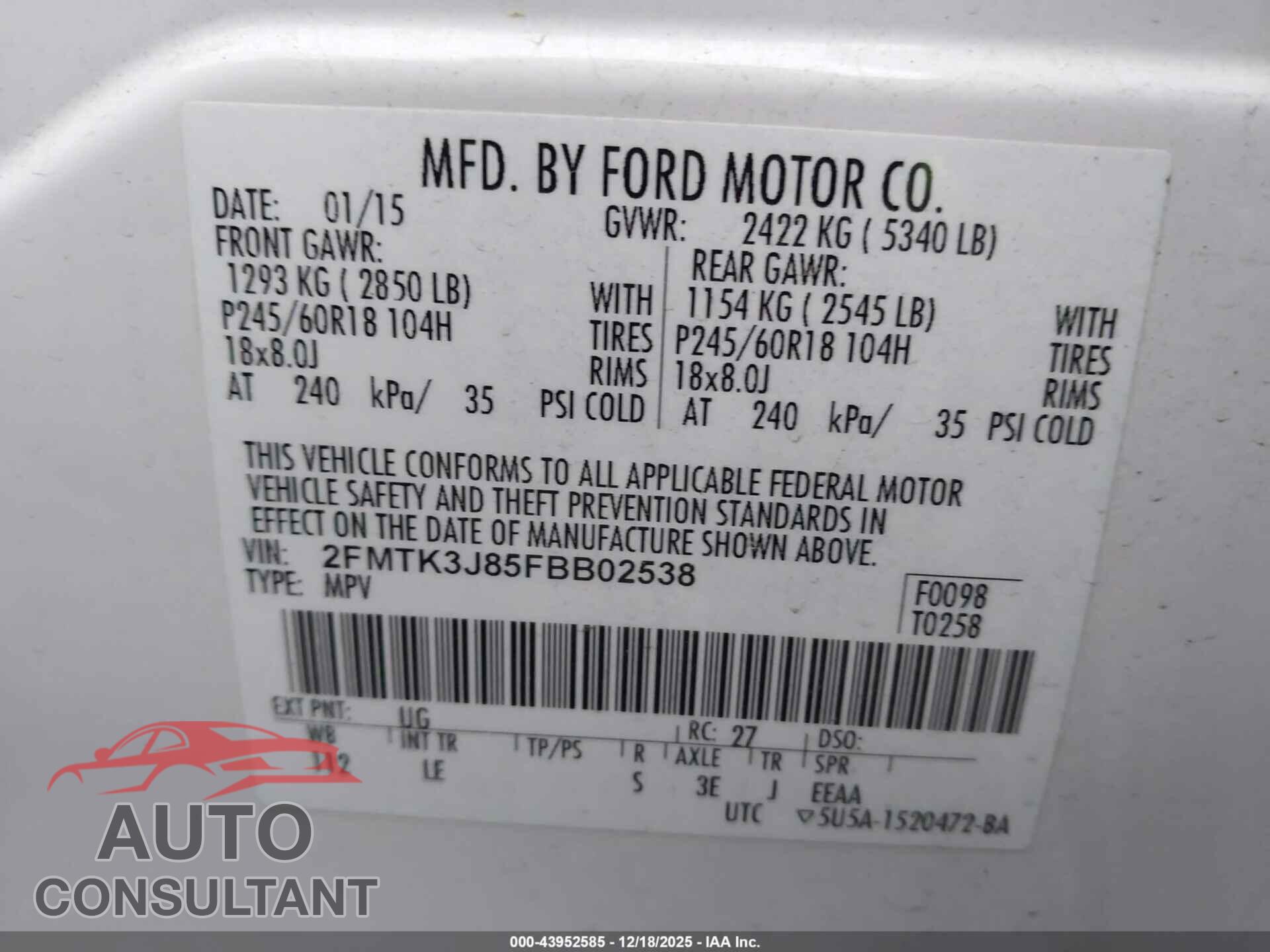 FORD EDGE 2015 - 2FMTK3J85FBB02538