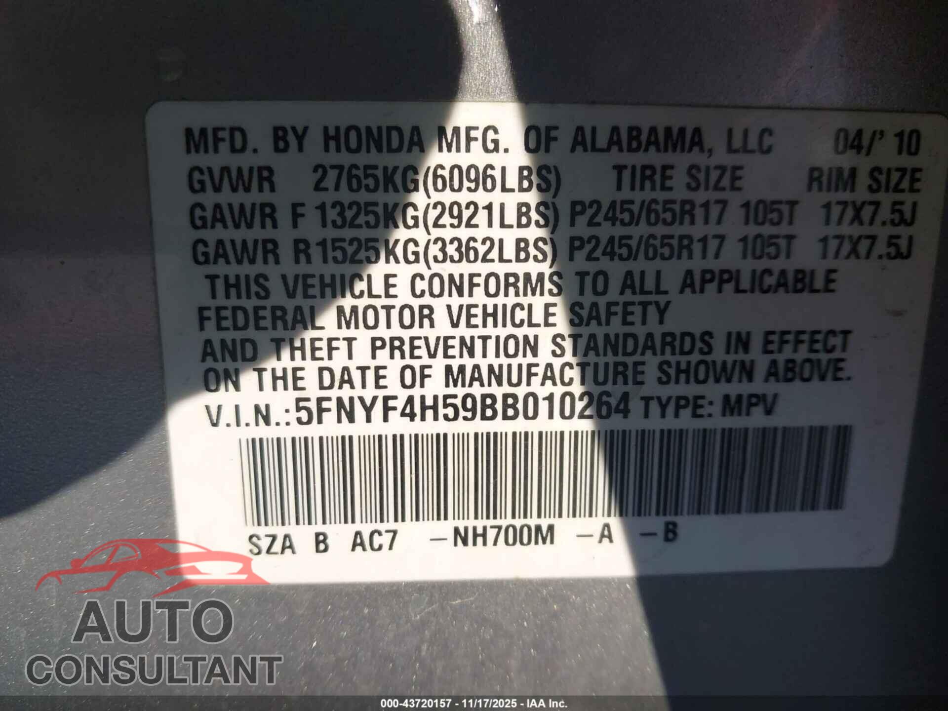 HONDA PILOT 2011 - 5FNYF4H59BB010264