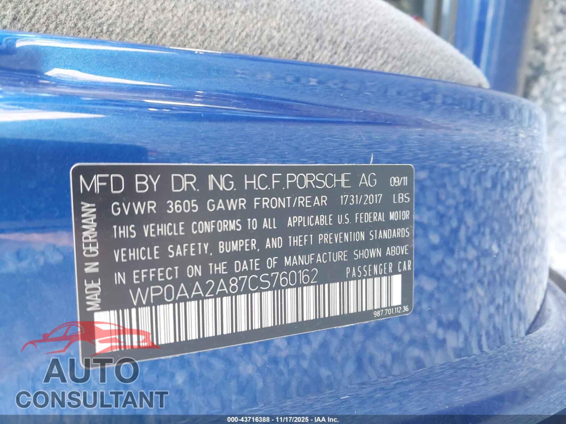 PORSCHE CAYMAN 2012 - WP0AA2A87CS760162