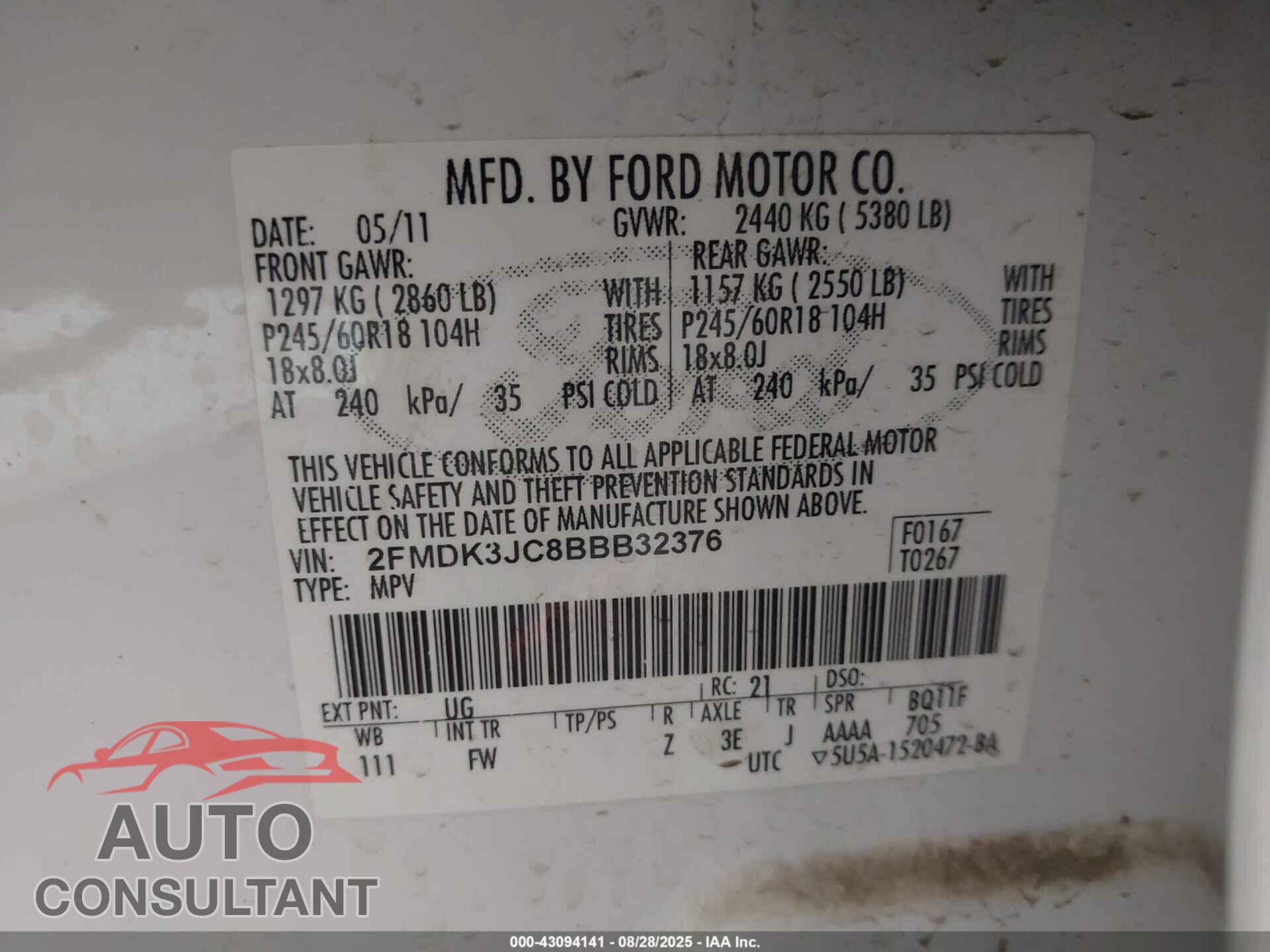 FORD EDGE 2011 - 2FMDK3JC8BBB32376