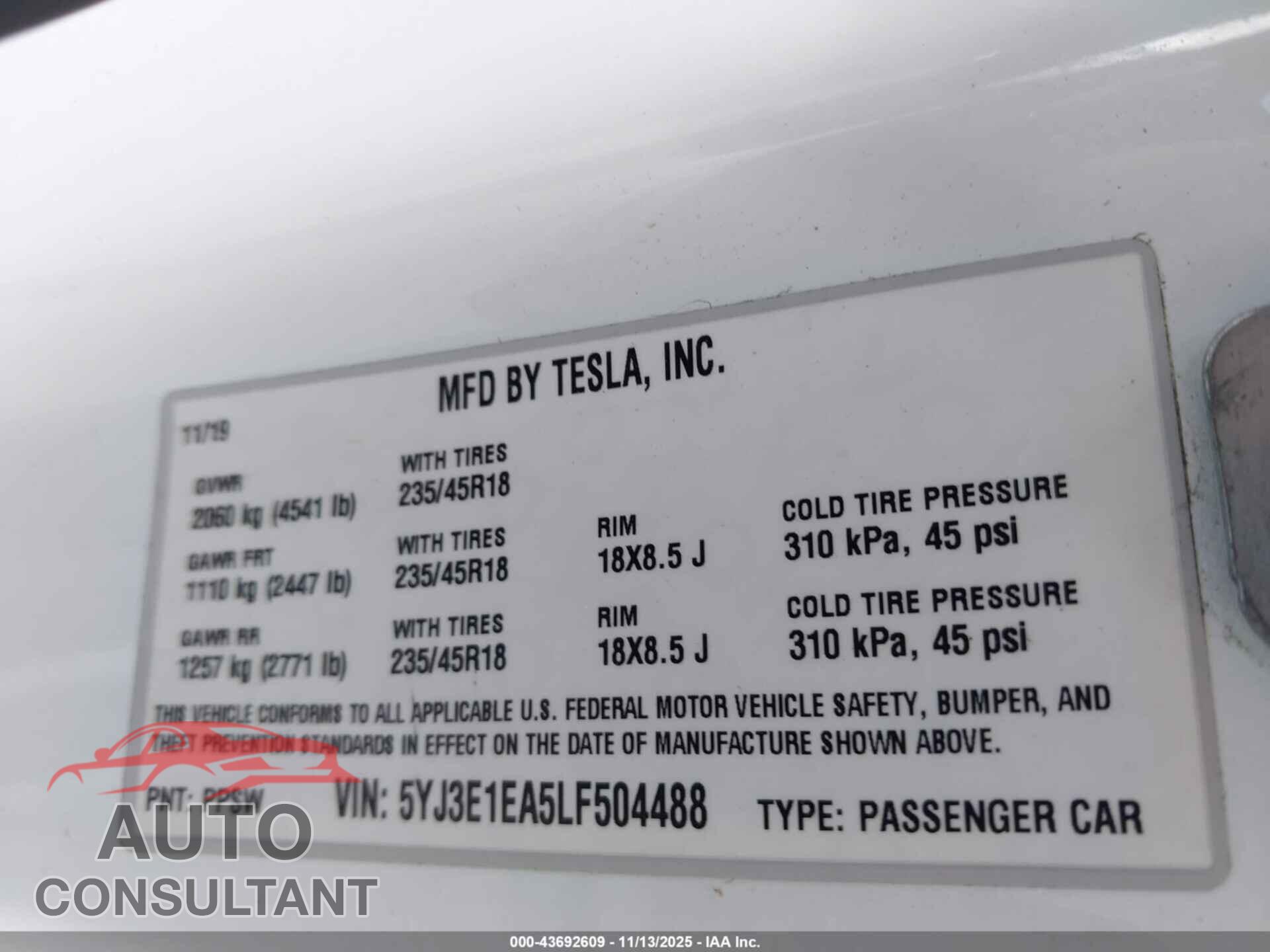 TESLA MODEL 3 2020 - 5YJ3E1EA5LF504488
