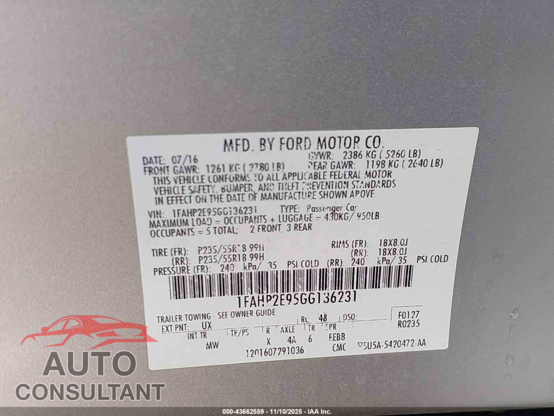 FORD TAURUS 2016 - 1FAHP2E95GG136231