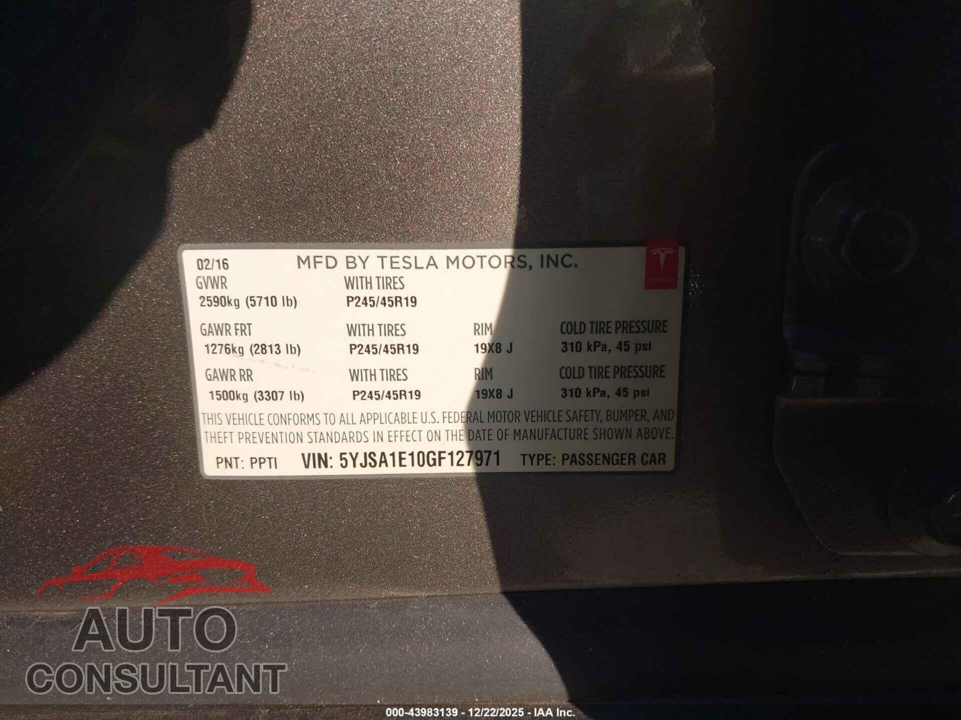 TESLA MODEL S 2016 - 5YJSA1E10GF127971