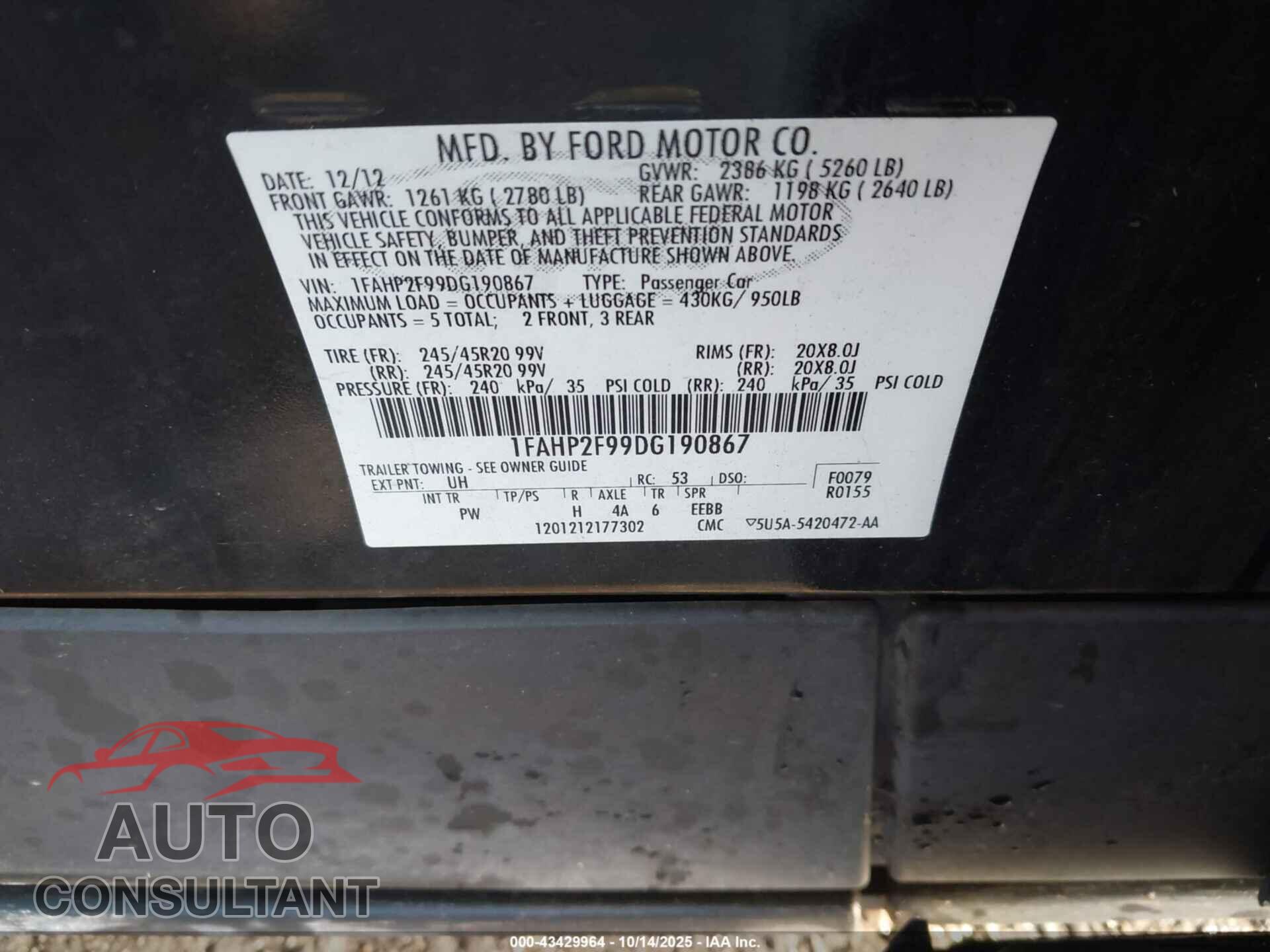FORD TAURUS 2013 - 1FAHP2F99DG190867