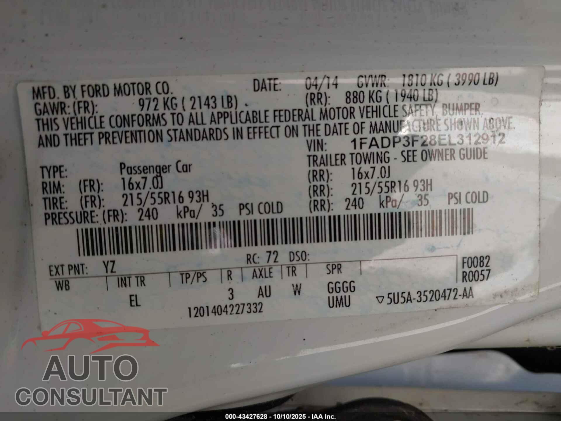 FORD FOCUS 2014 - 1FADP3F28EL312912