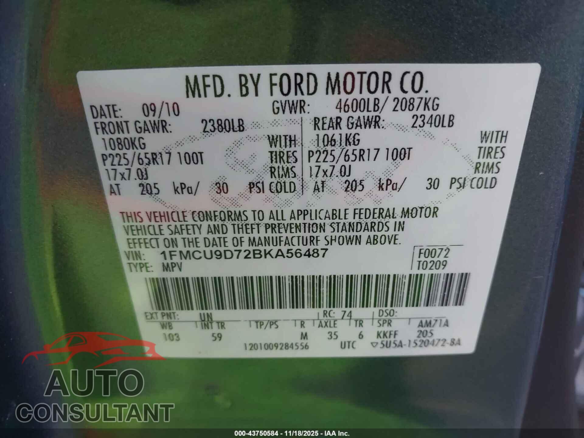 FORD ESCAPE 2011 - 1FMCU9D72BKA56487