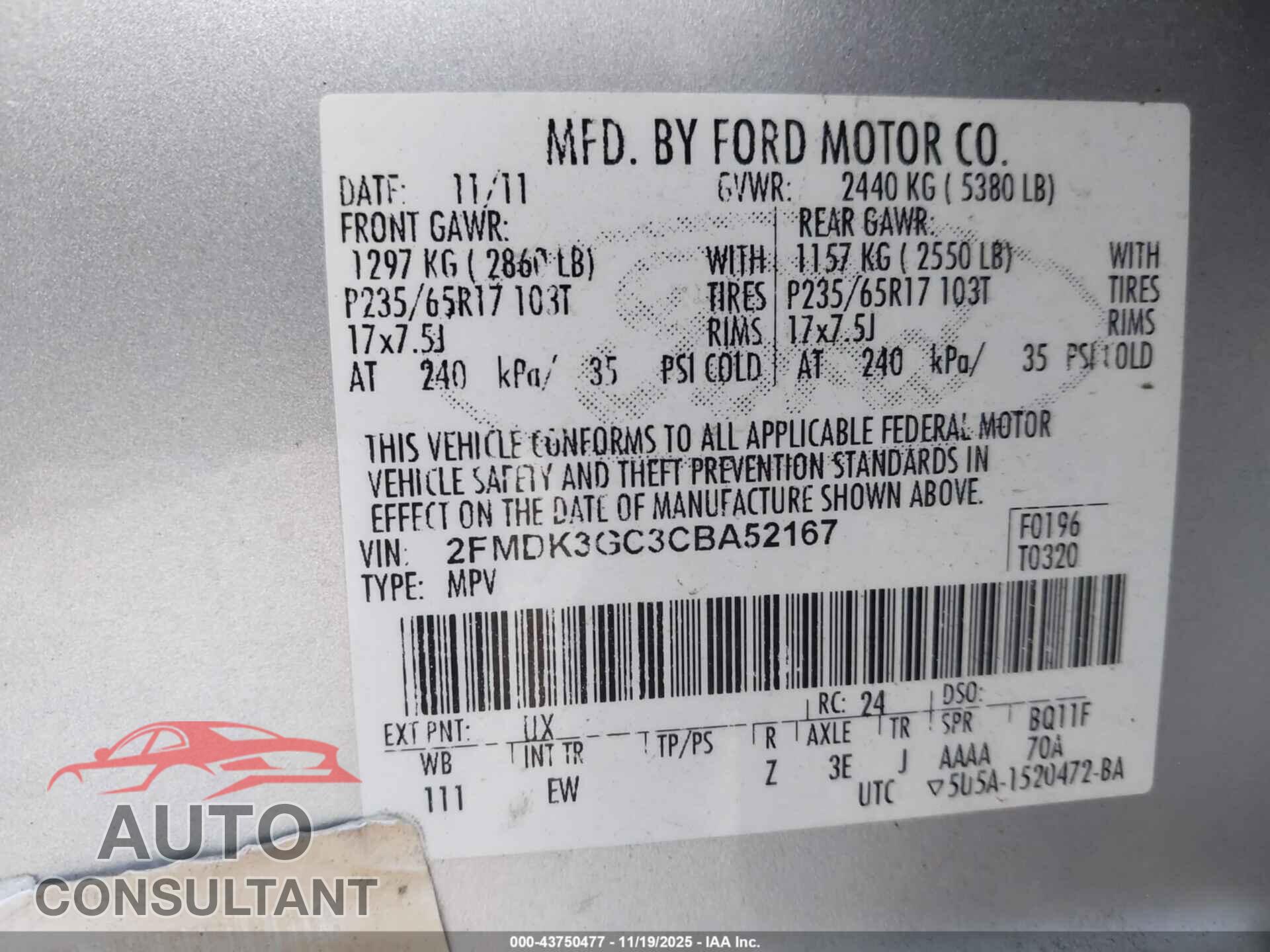 FORD EDGE 2012 - 2FMDK3GC3CBA52167