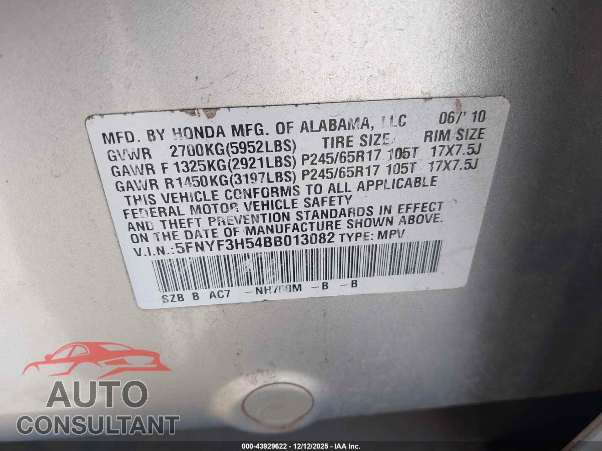 HONDA PILOT 2011 - 5FNYF3H54BB013082