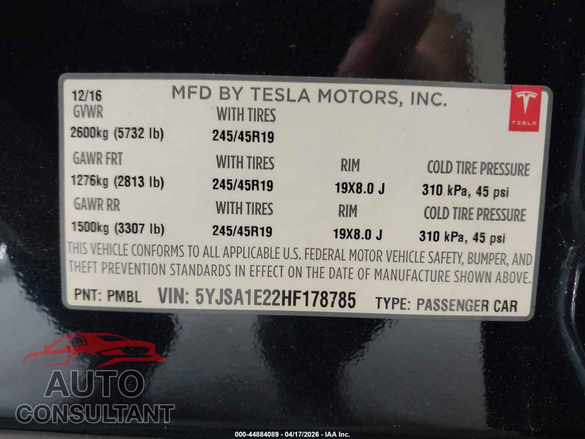 TESLA MODEL S 2017 - 5YJSA1E22HF178785