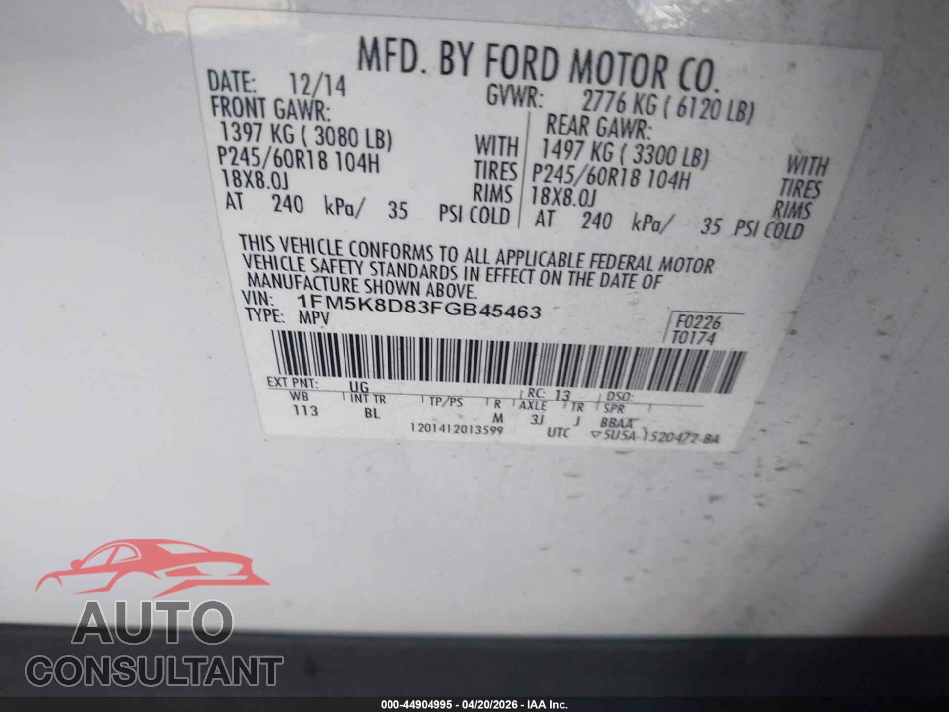FORD EXPLORER 2015 - 1FM5K8D83FGB45463