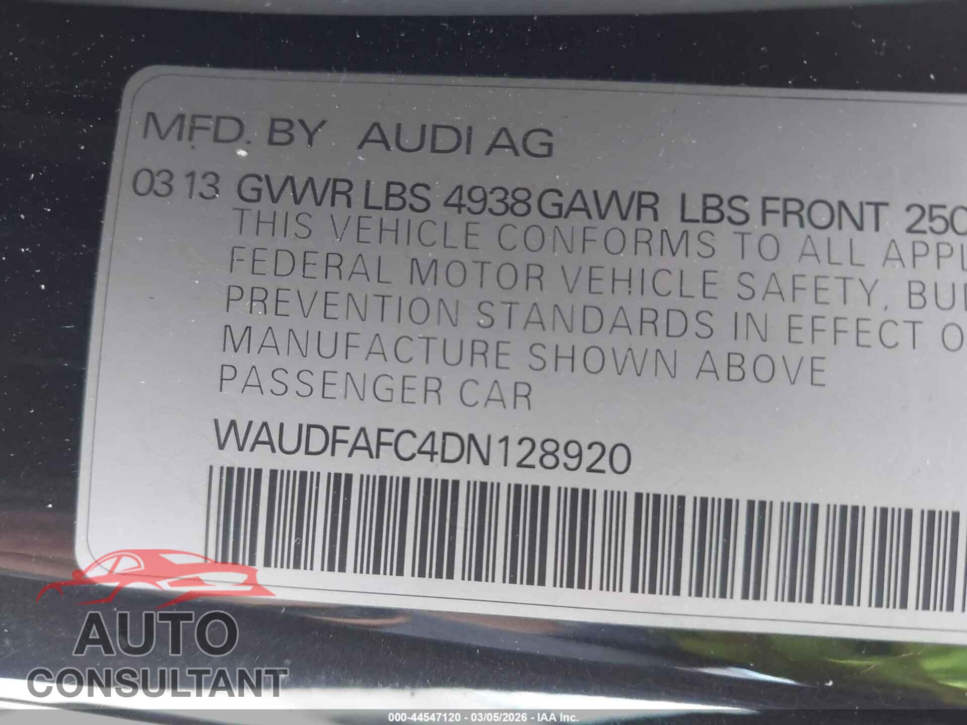 AUDI A6 2013 - WAUDFAFC4DN128920