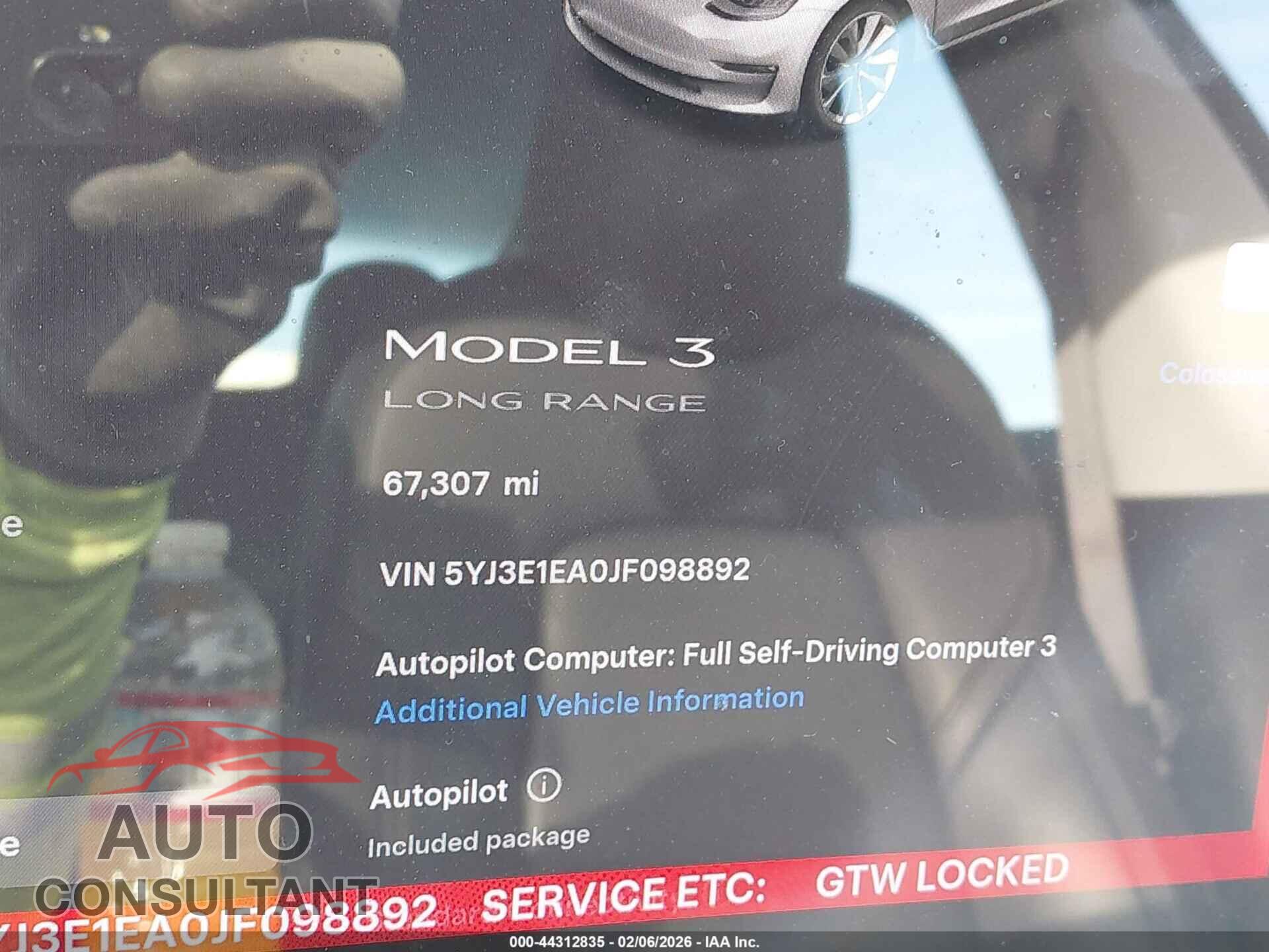 TESLA MODEL 3 2018 - 5YJ3E1EA0JF098892