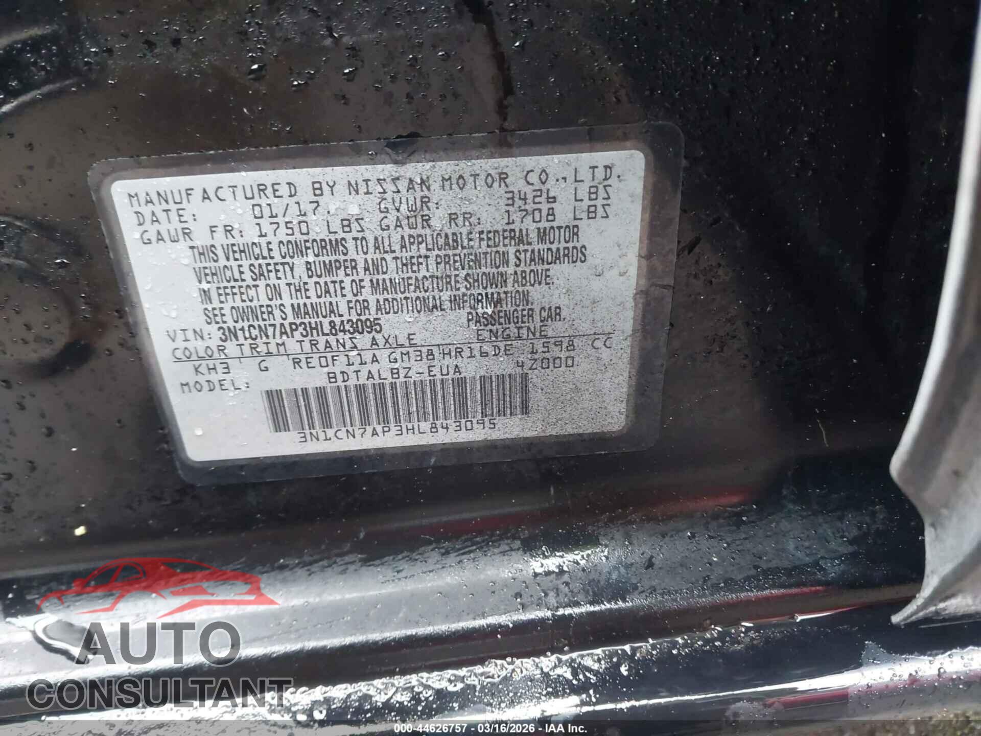 NISSAN VERSA 2017 - 3N1CN7AP3HL843095