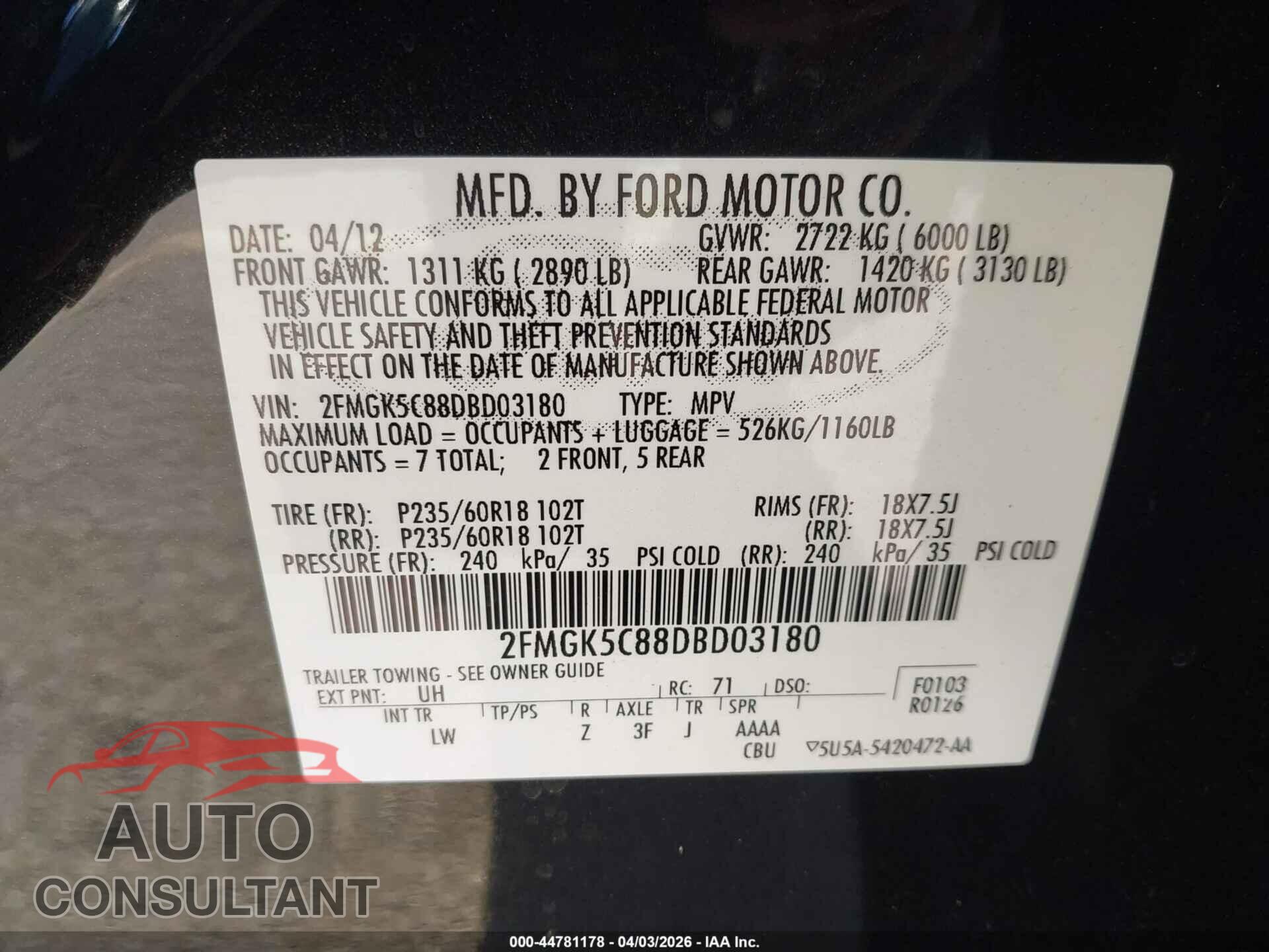 FORD FLEX 2013 - 2FMGK5C88DBD03180