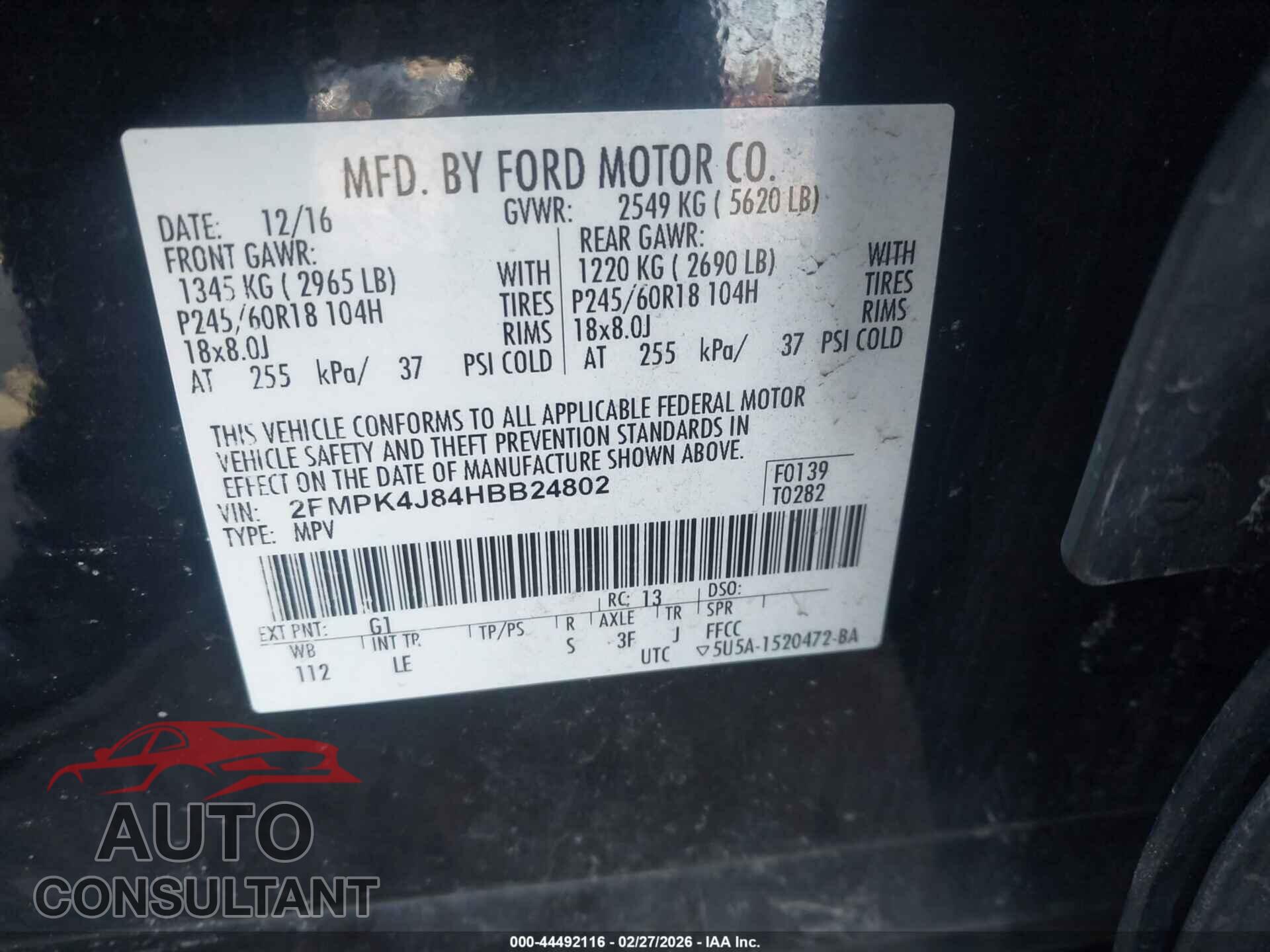 FORD EDGE 2017 - 2FMPK4J84HBB24802