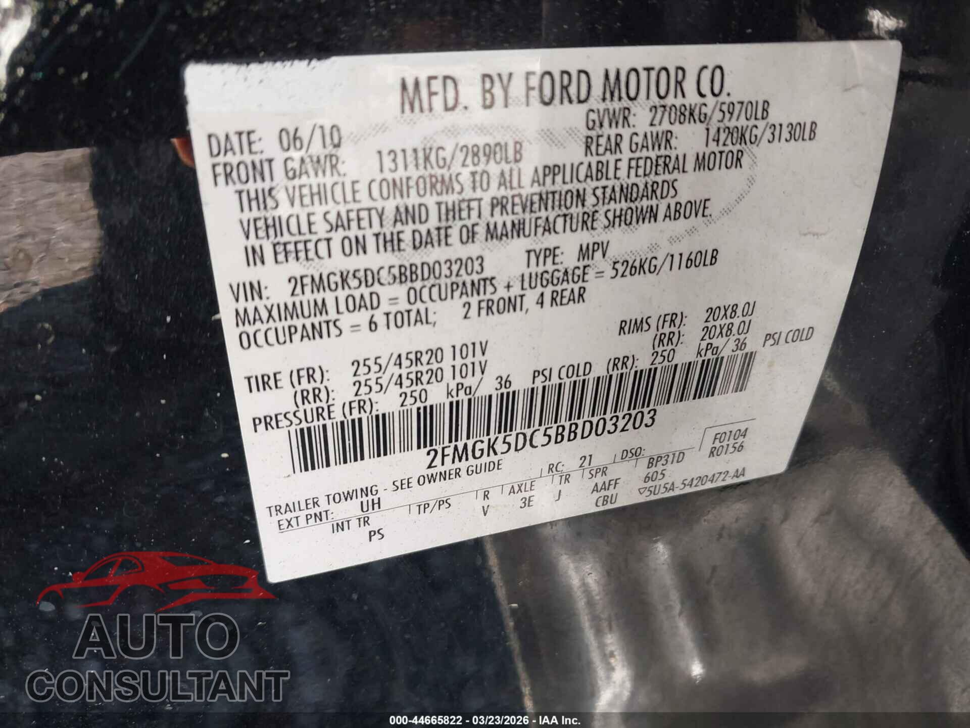 FORD FLEX 2011 - 2FMGK5DC5BBD03203