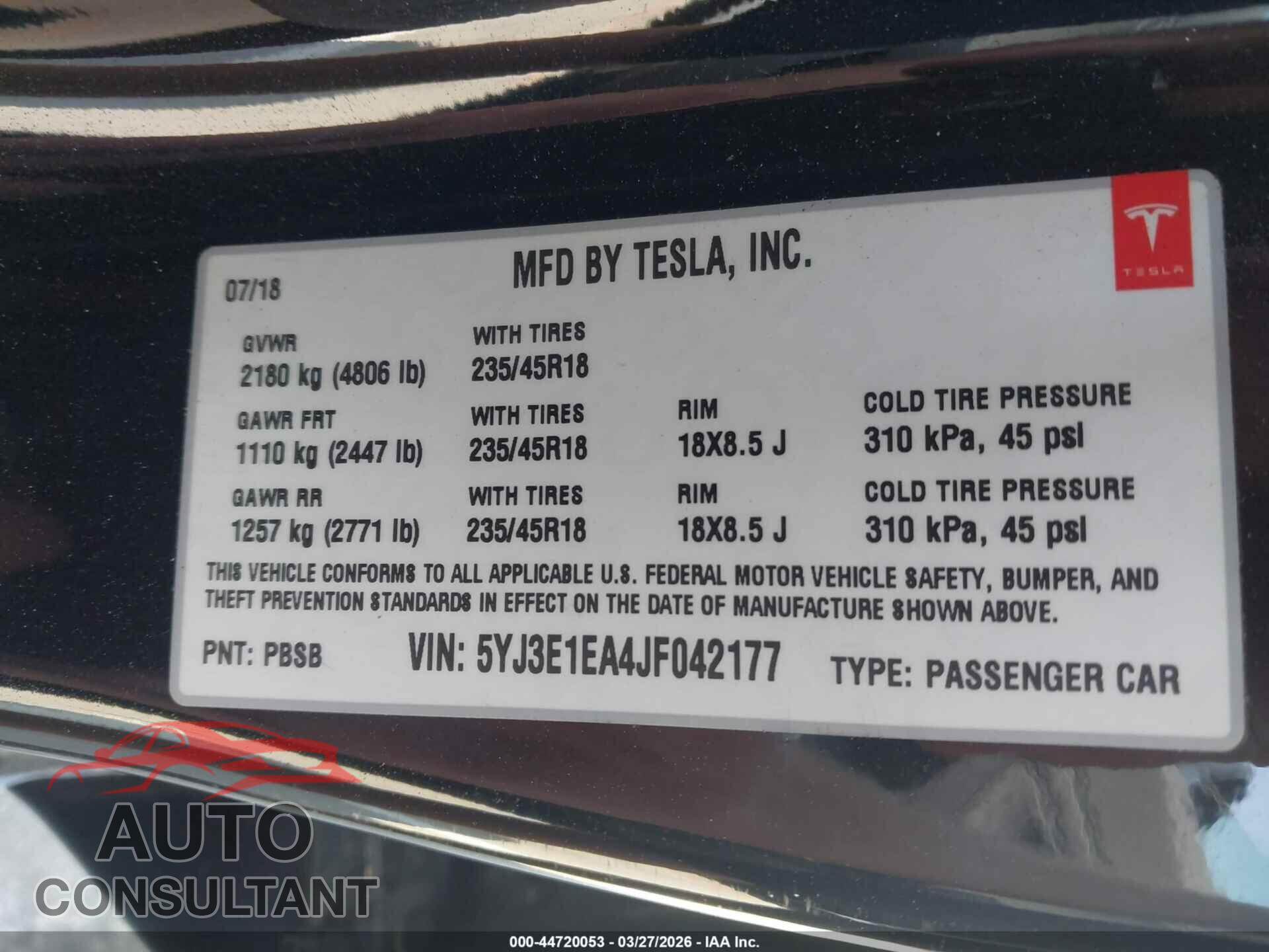 TESLA MODEL 3 2018 - 5YJ3E1EA4JF042177