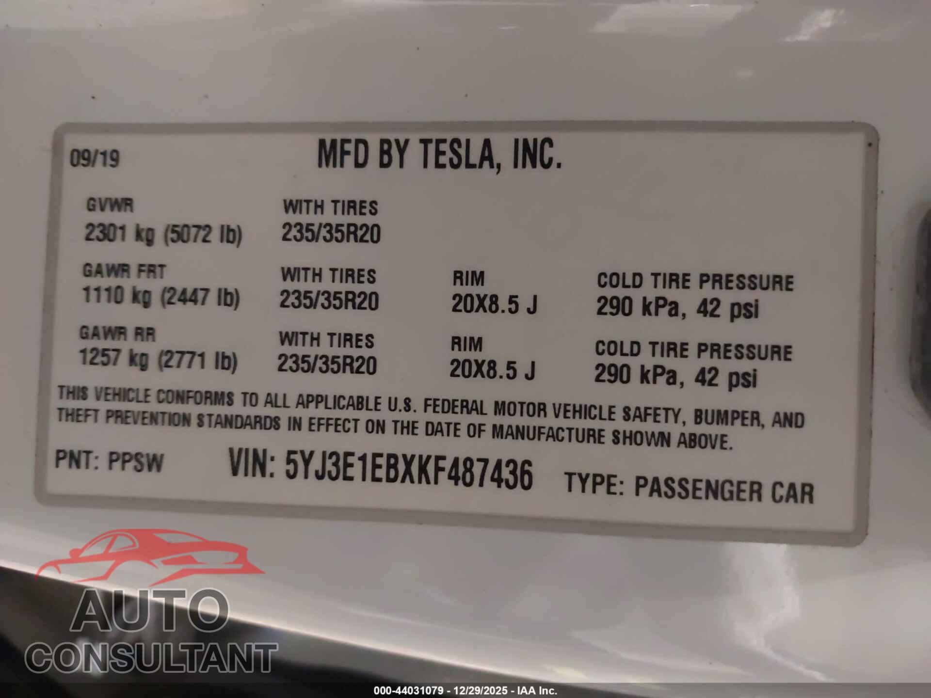 TESLA MODEL 3 2019 - 5YJ3E1EBXKF487436