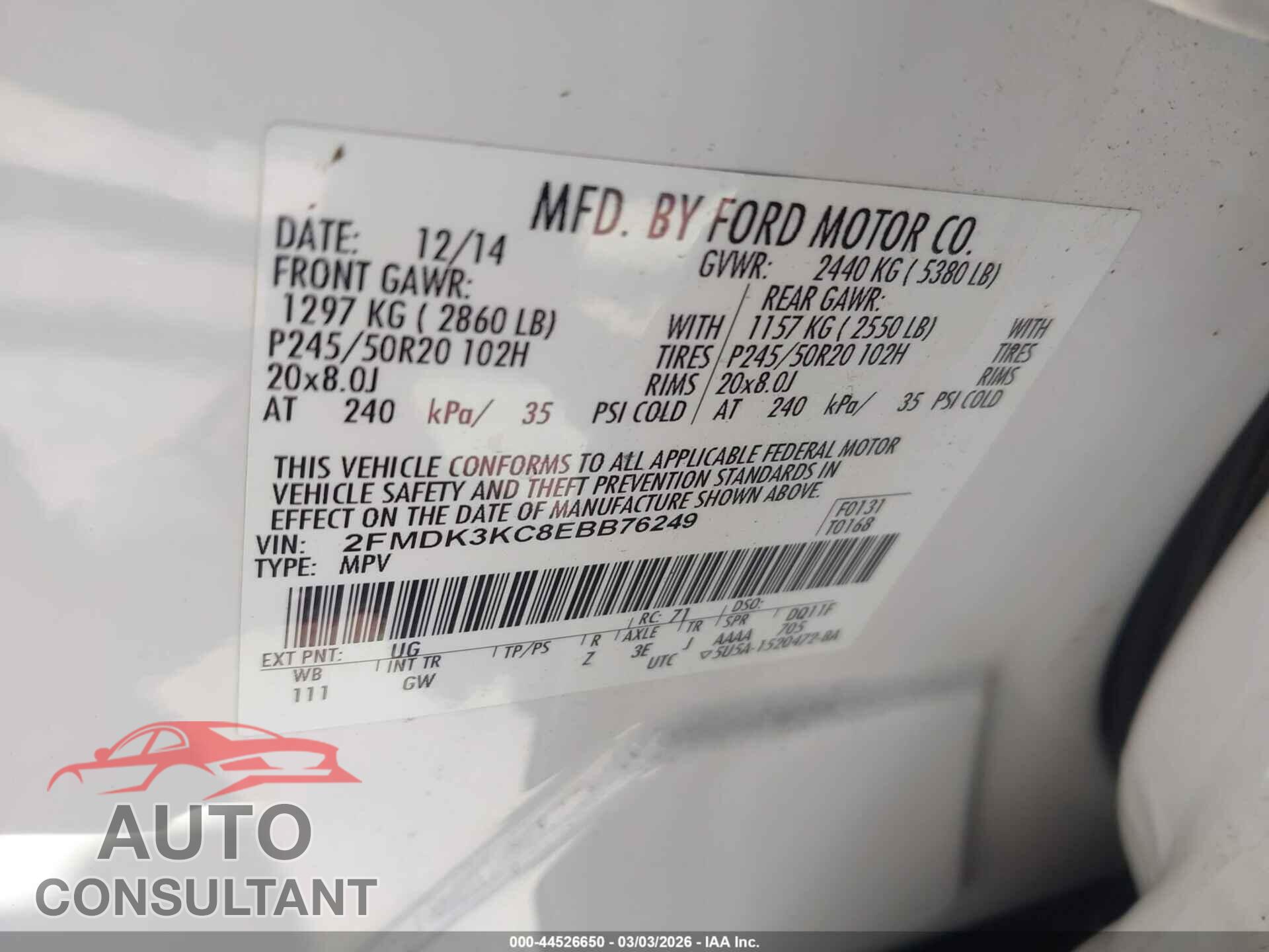 FORD EDGE 2014 - 2FMDK3KC8EBB76249