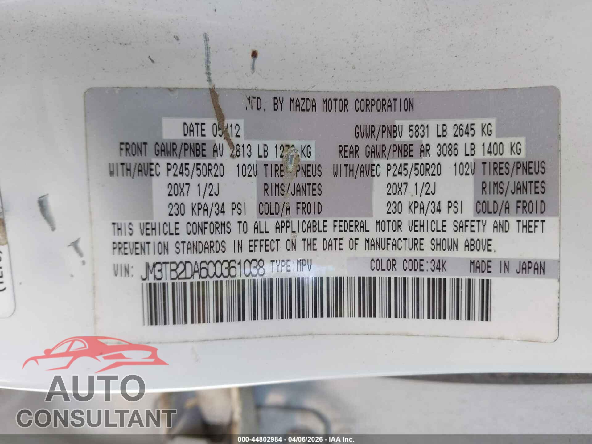 MAZDA CX-9 2012 - JM3TB2DA6C0361038