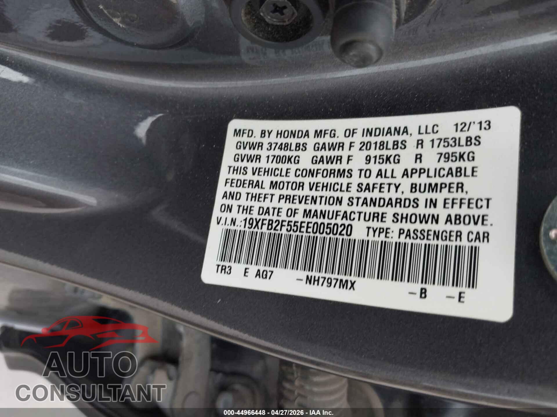 HONDA CIVIC 2014 - 19XFB2F55EE005020