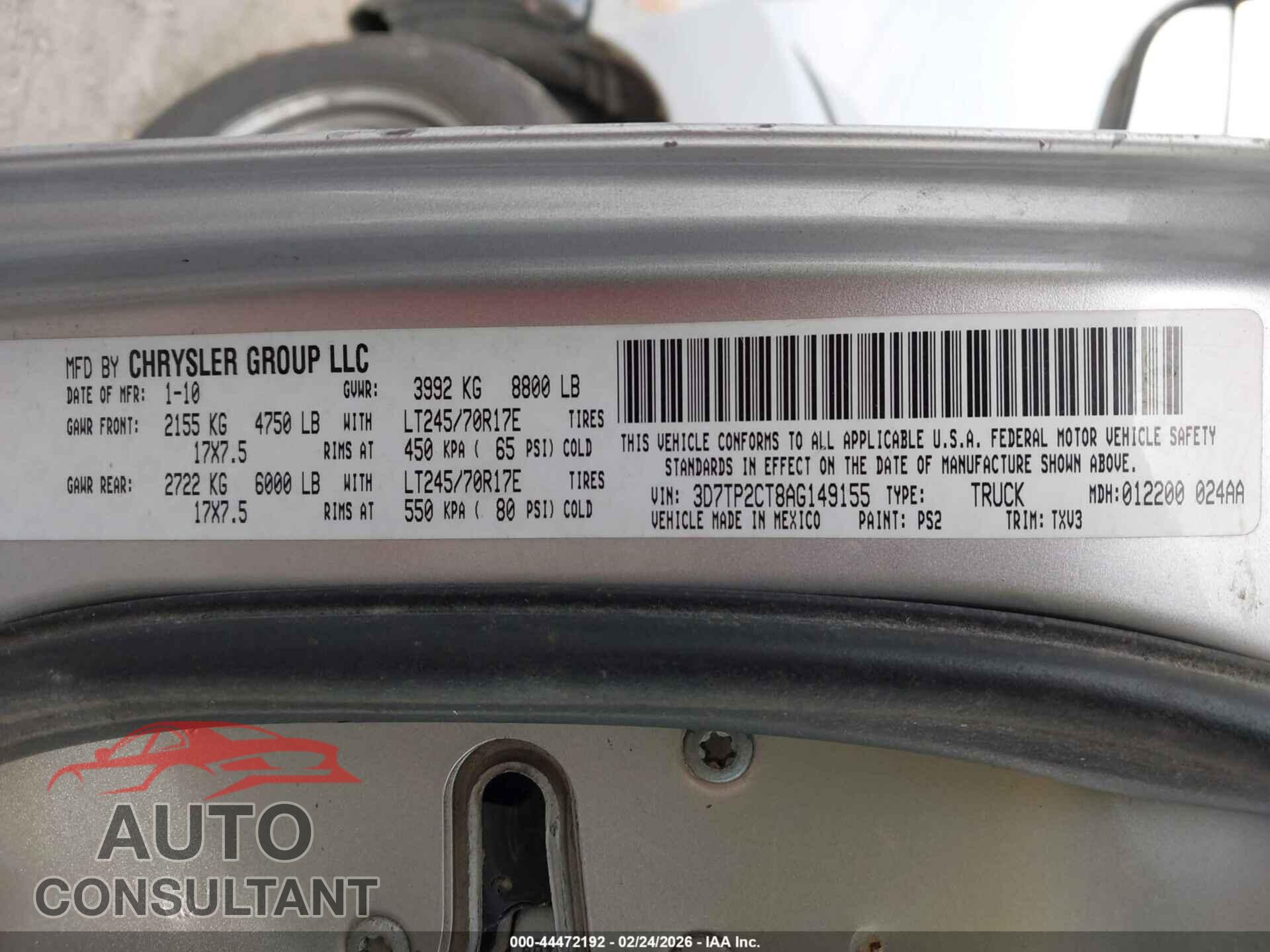 DODGE RAM 2500 2010 - 3D7TP2CT8AG149155
