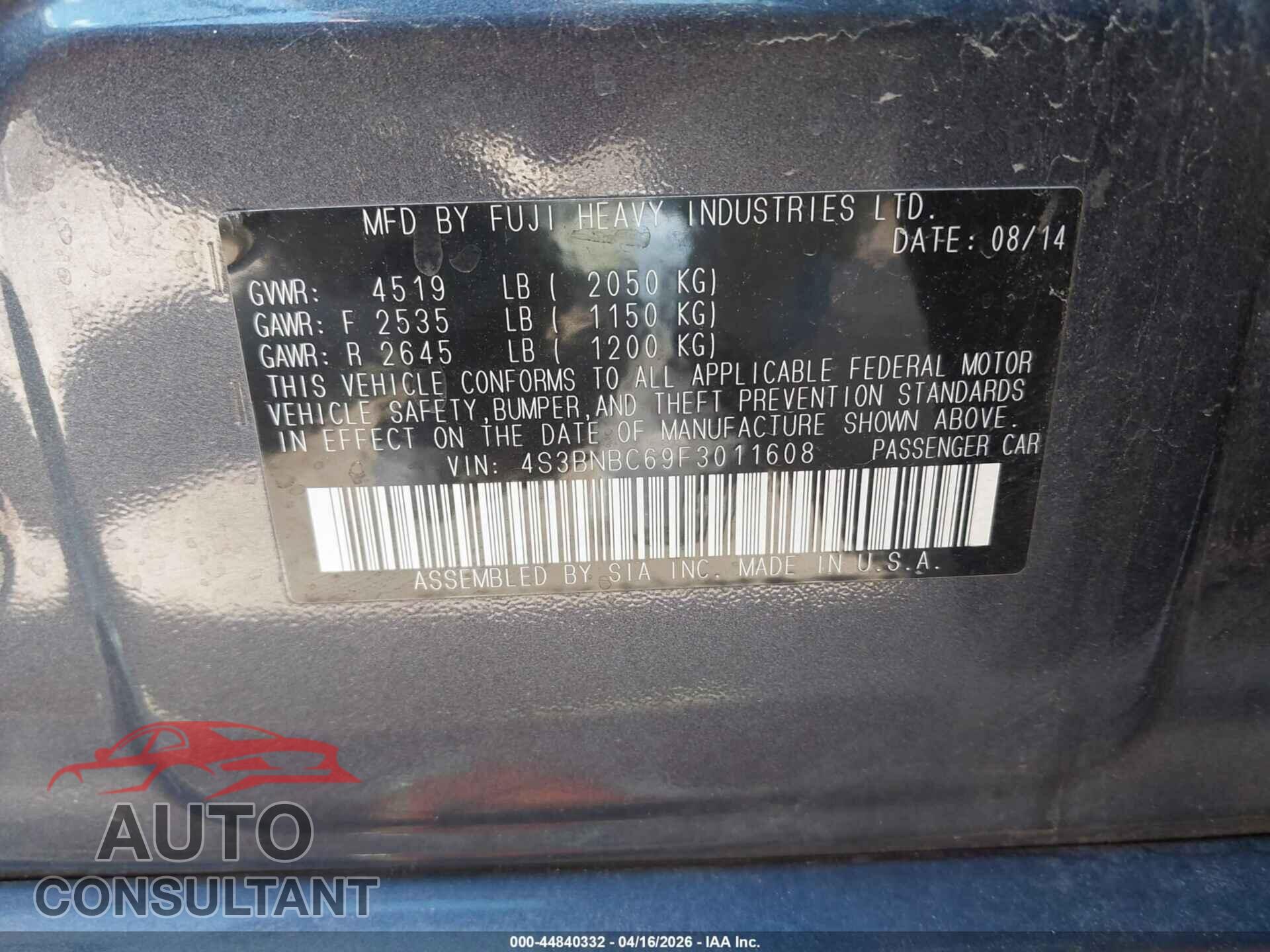 SUBARU LEGACY 2015 - 4S3BNBC69F3011608