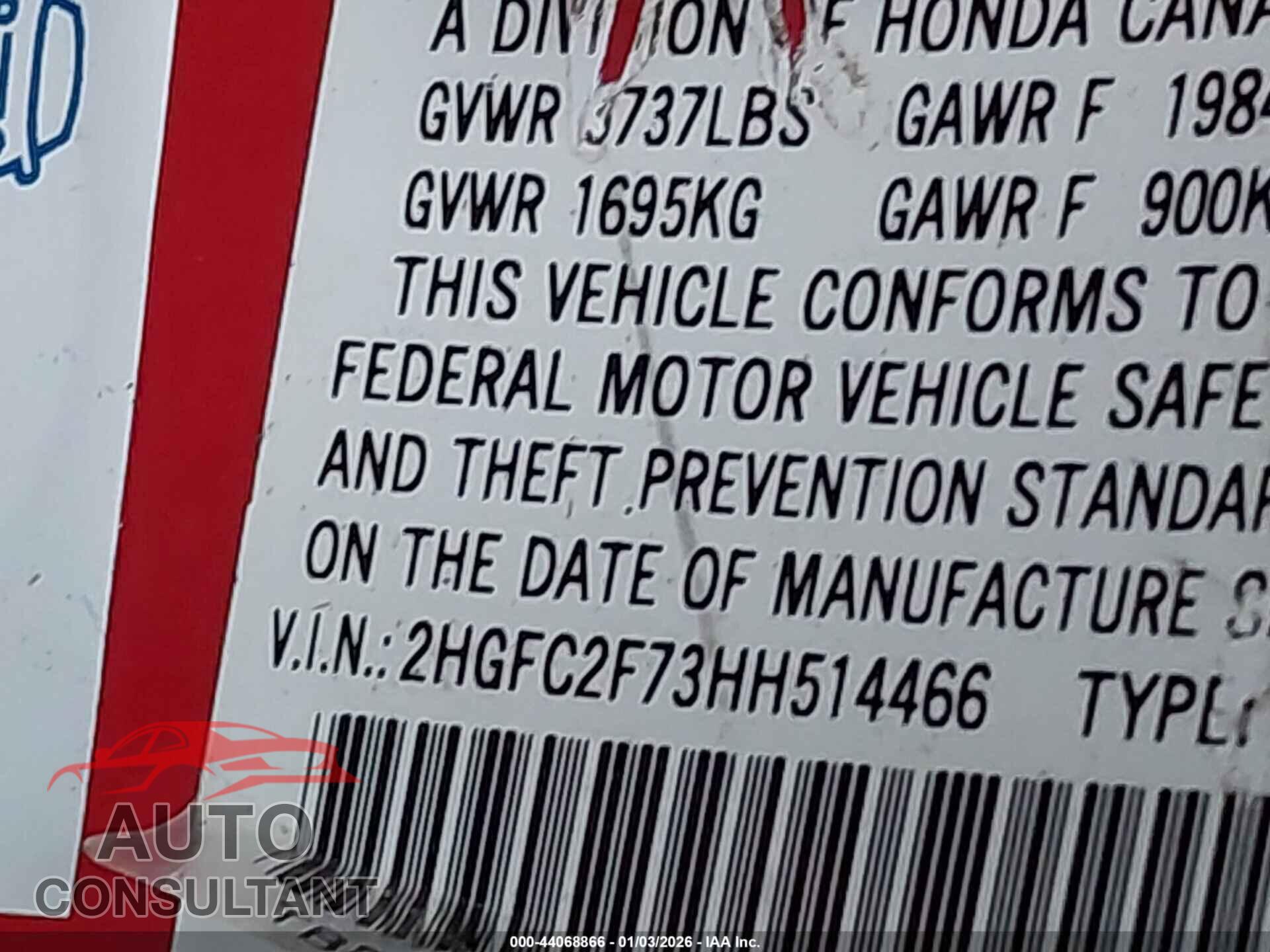 HONDA CIVIC 2017 - 2HGFC2F73HH514466
