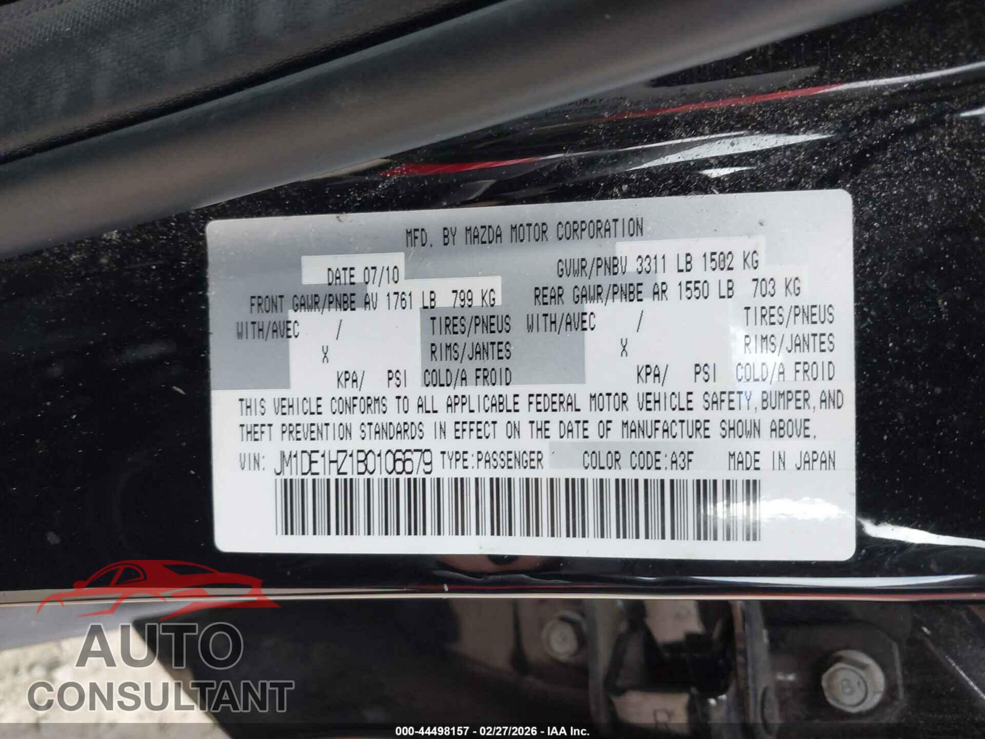 MAZDA MAZDA2 2011 - JM1DE1HZ1B0106679