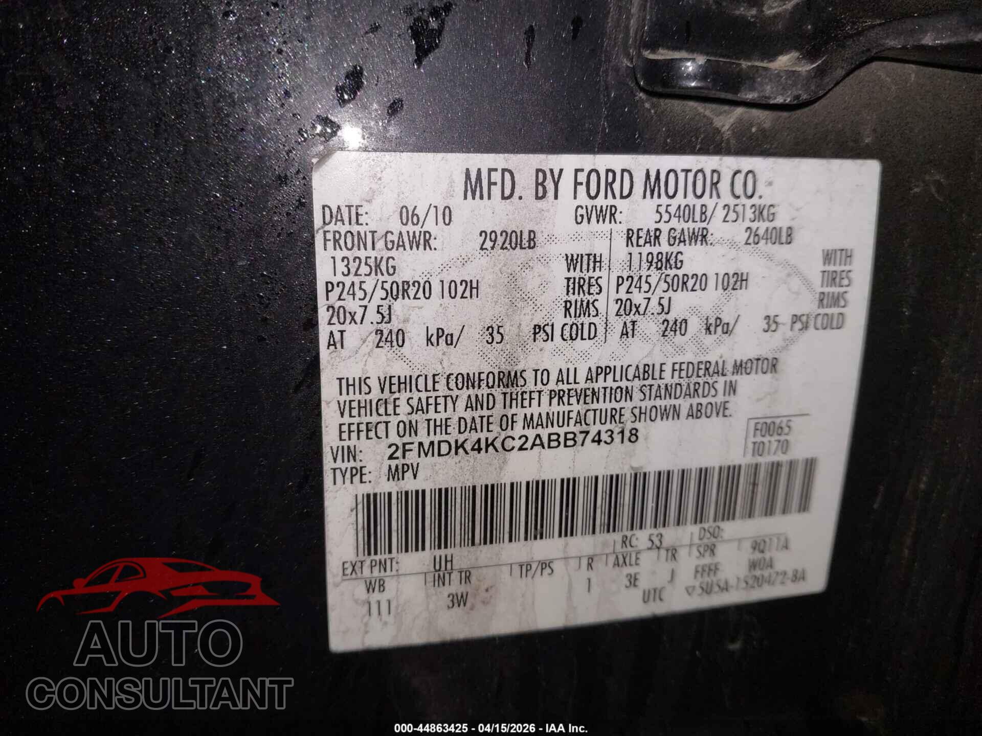 FORD EDGE 2010 - 2FMDK4KC2ABB74318