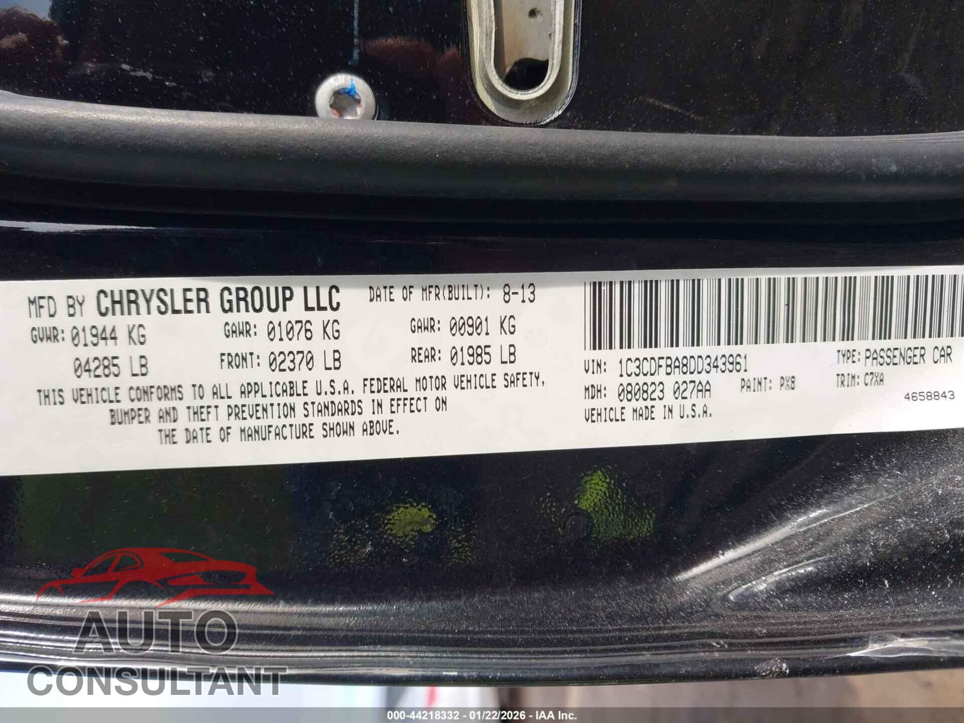 DODGE DART 2013 - 1C3CDFBA8DD343961