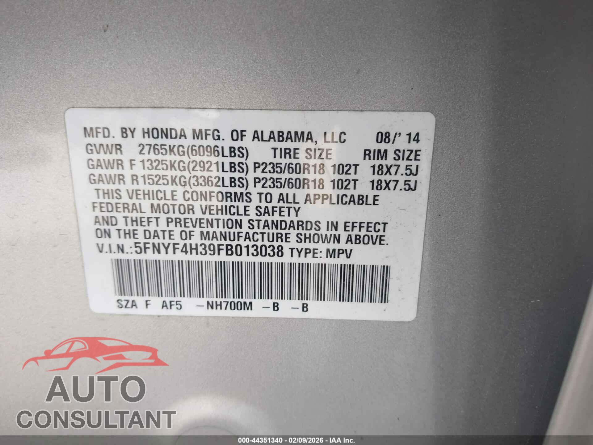 HONDA PILOT 2015 - 5FNYF4H39FB013038