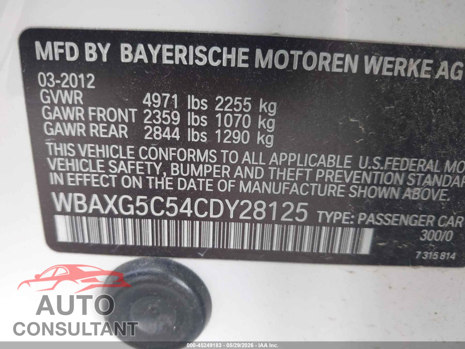 BMW 528I 2012 - WBAXG5C54CDY28125