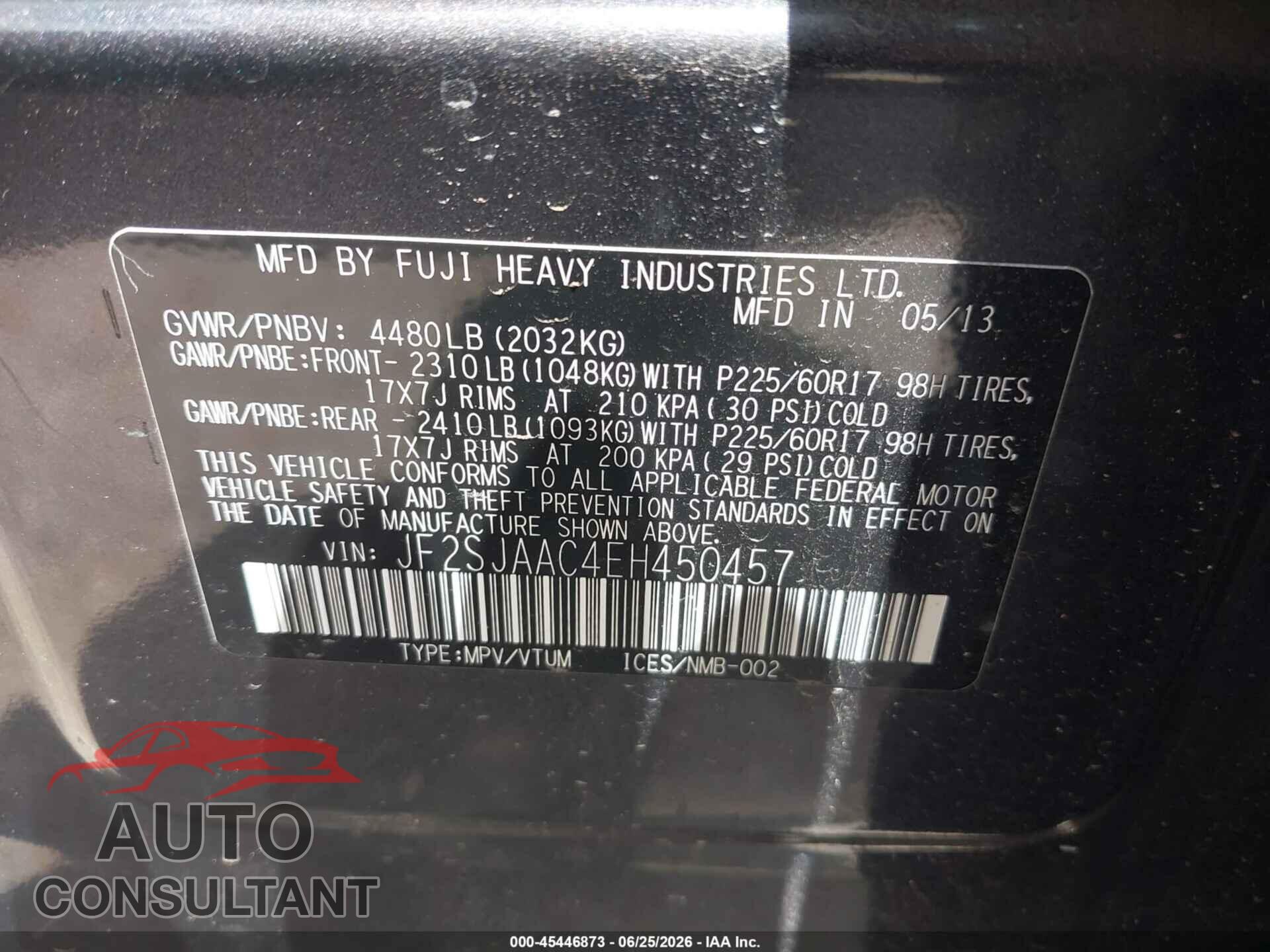 SUBARU FORESTER 2014 - JF2SJAAC4EH450457