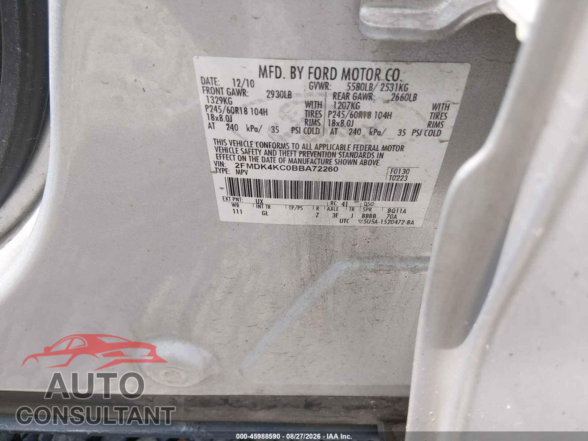 FORD EDGE 2011 - 2FMDK4KC0BBA72260