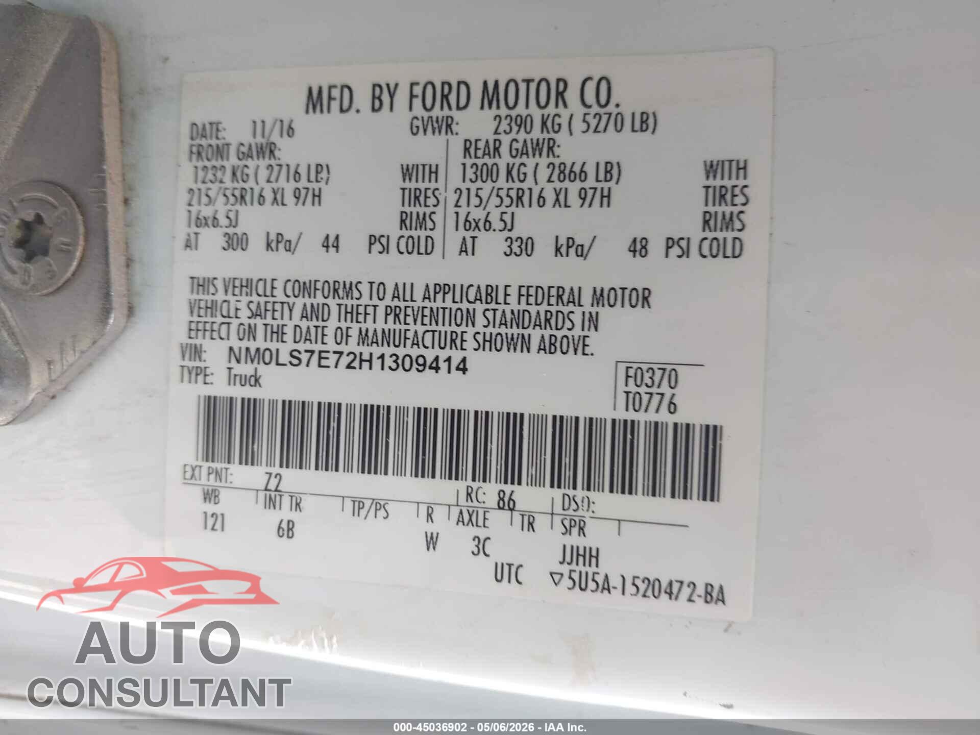 FORD TRANSIT CONNECT 2017 - NM0LS7E72H1309414