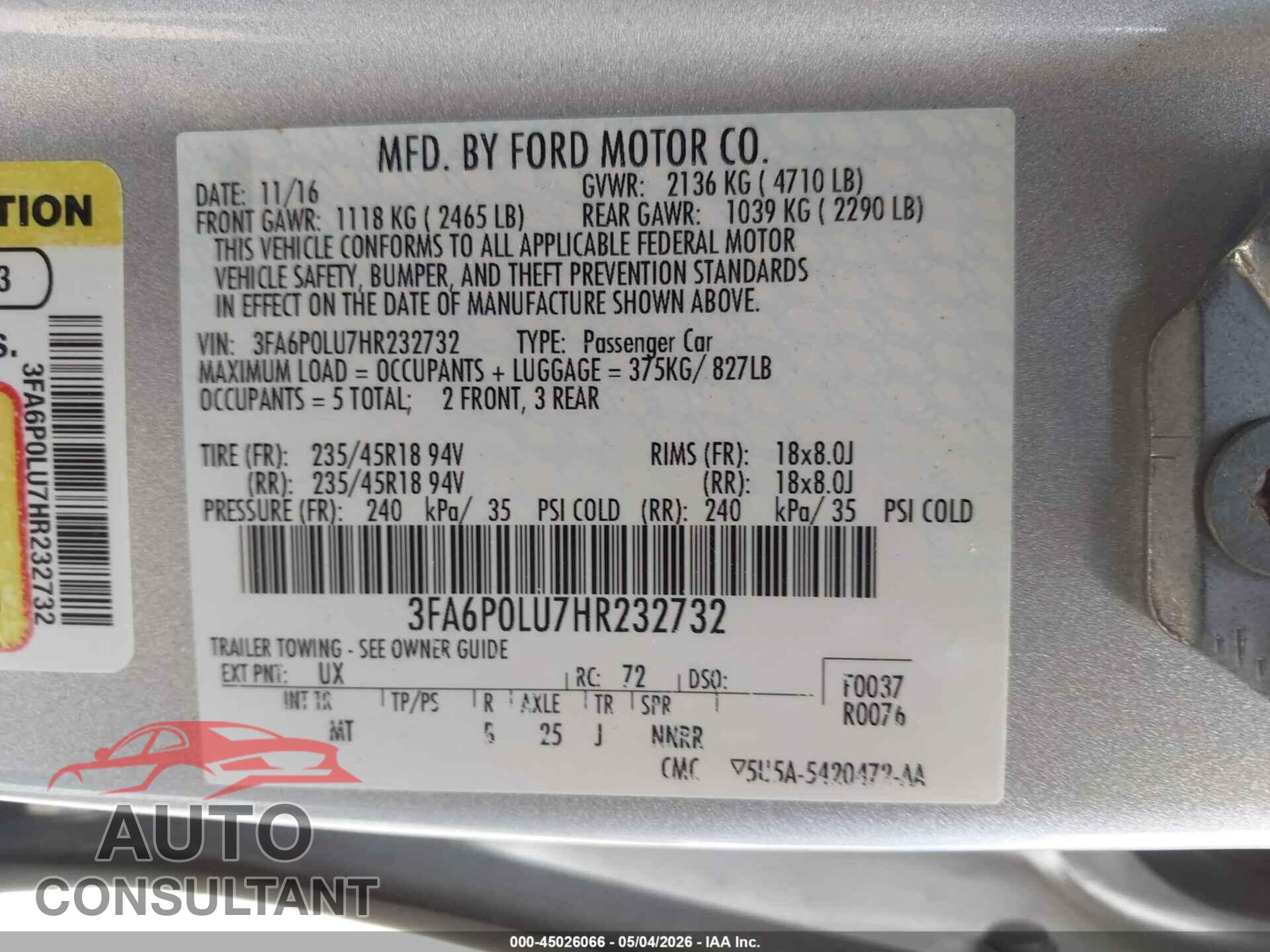 FORD FUSION HYBRID 2017 - 3FA6P0LU7HR232732