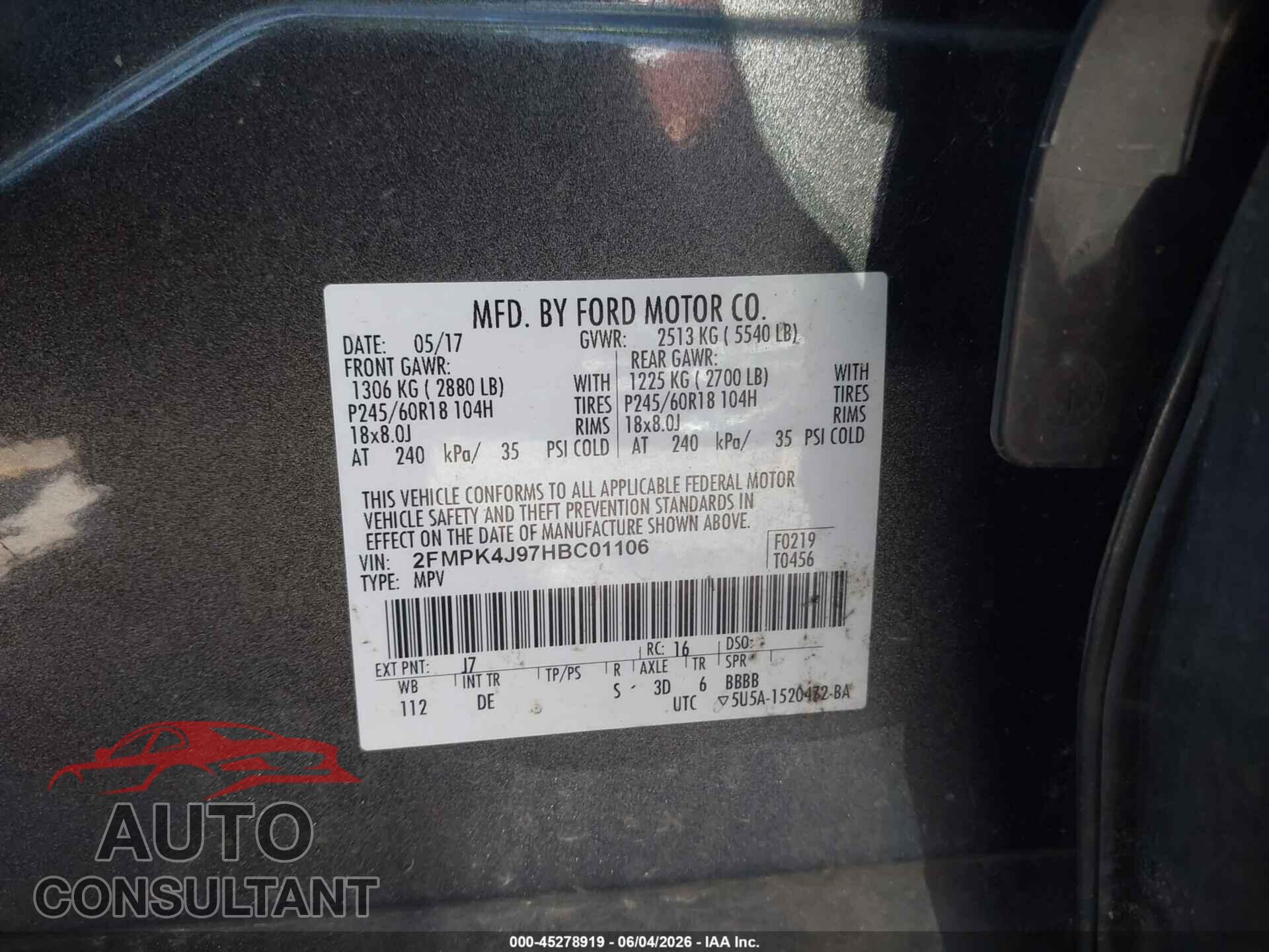 FORD EDGE 2017 - 2FMPK4J97HBC01106